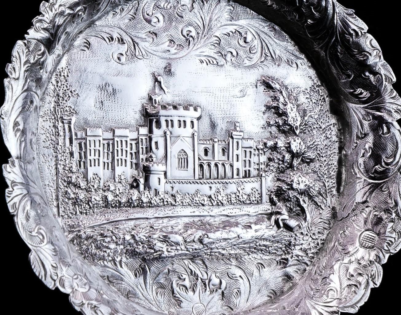 Victorian Antique Solid Sterling Silver 'Castle Top' Dish/Pin Tray, Windsor Castle - 1843 For Sale