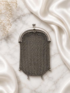 Antique Solid Sterling Silver Chainmail Coin Purse w/ Bead Dangles