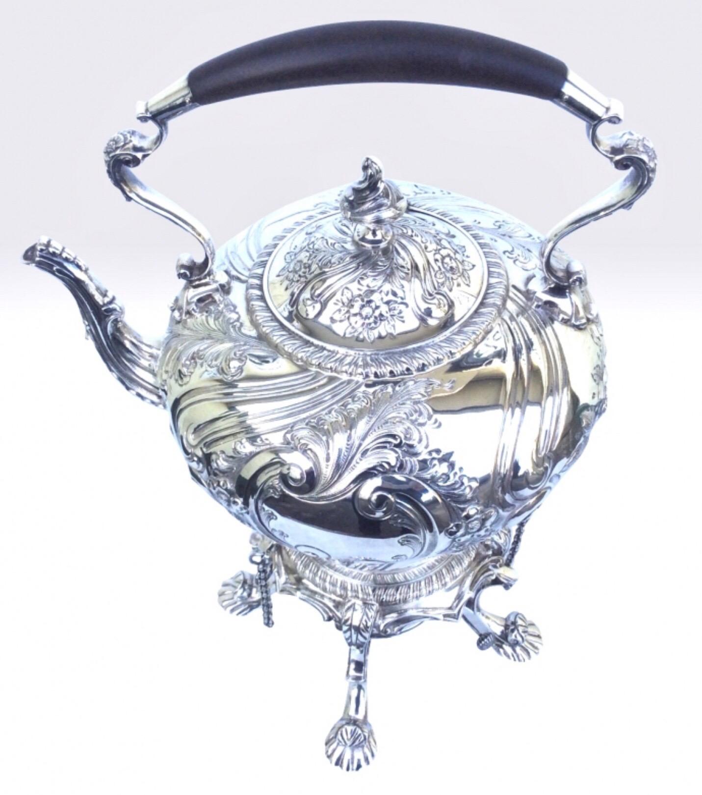 Rococo Antique Solid Sterling Silver Spirit Kettle For Sale