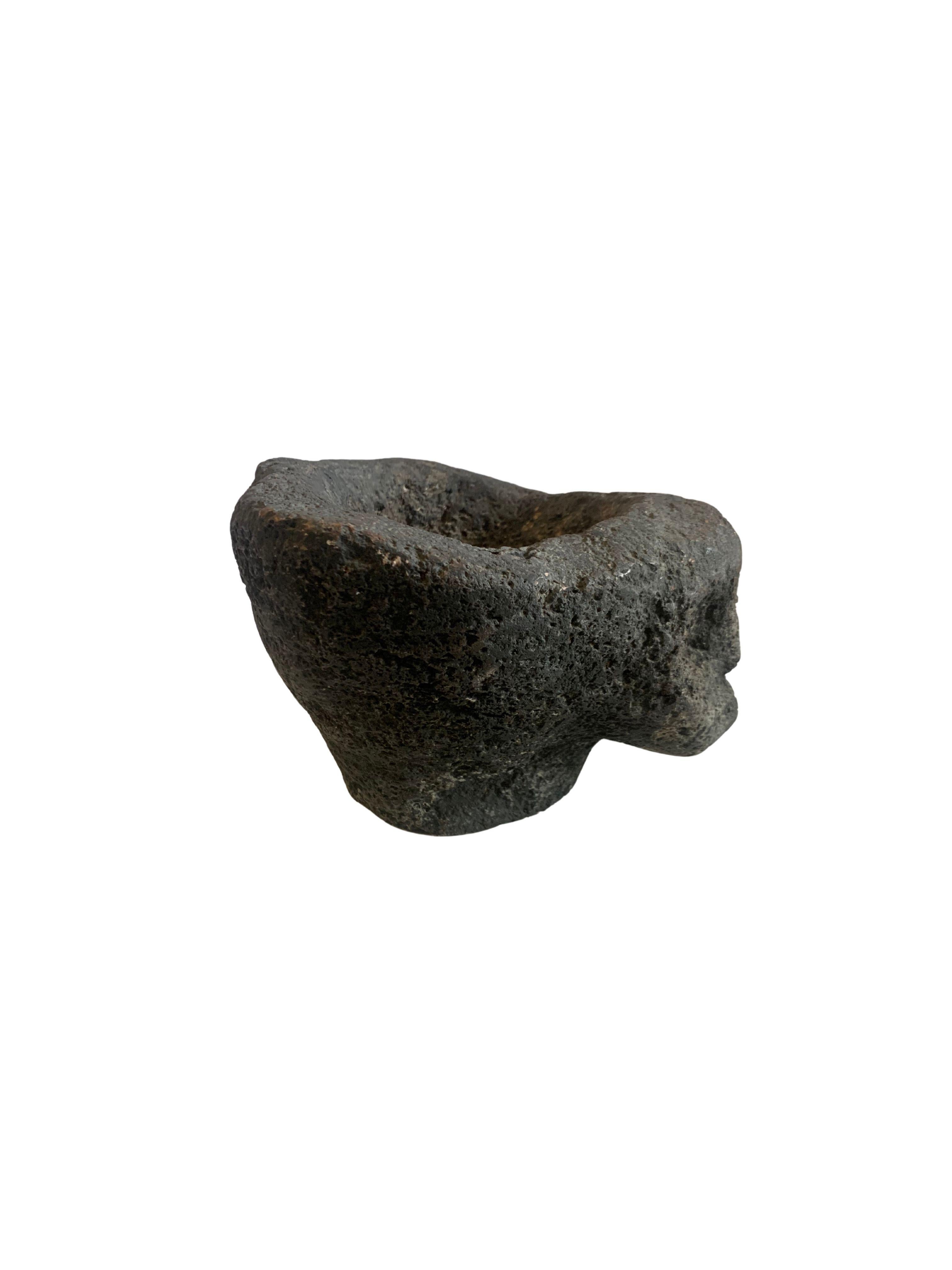Organic Modern Antique Solid Stone Spice Mortar From Java, Indonesia, with Carved Face