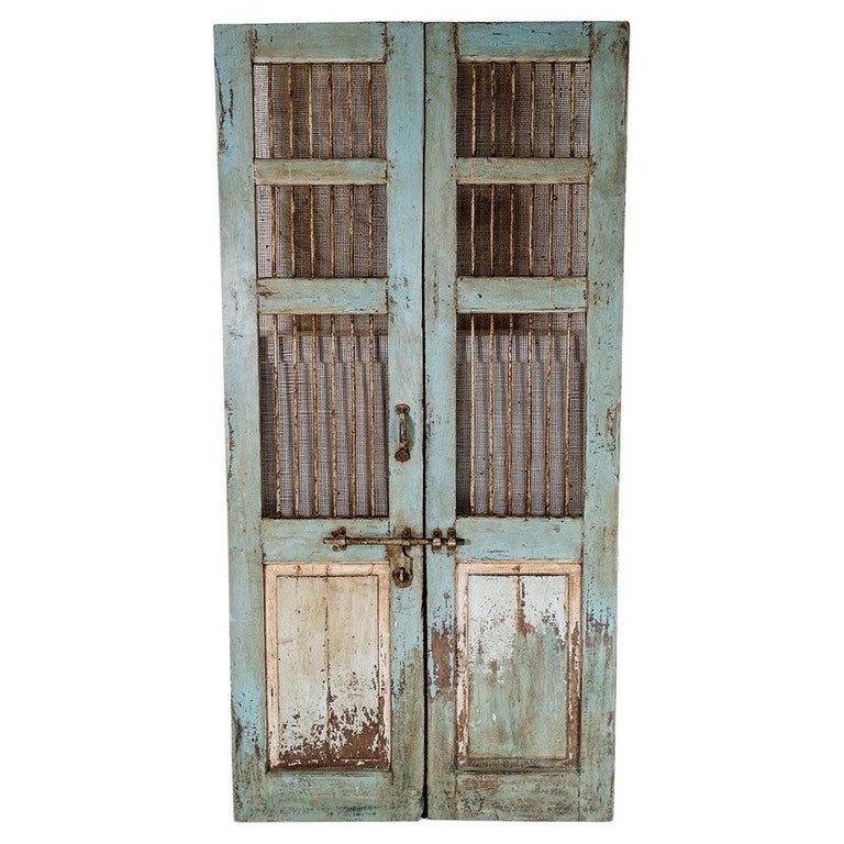 Antique Solid Teak French Chateau Sutter Mesh Doors with Original