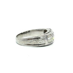 Antique Solid White Gold 1.73ct Old European Cut Engraved Work 3 Stone Band Ring