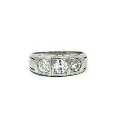 Antique Solid White Gold 1.73ct Old European Cut Engraved Work 3 Stone Band Ring