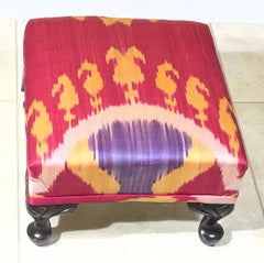 Antique Solid Wood Footstool / 19th-Century Silk Ikat /Artisan Statement Piece