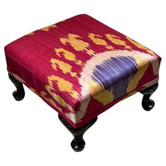 Antique Solid Wood Footstool / 19th-Century Silk Ikat /Artisan Statement Piece