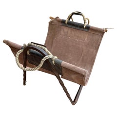 Antique Solid Wrought Iron & Canvas Campign Style Log Holder