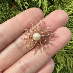Antique Solid Yellow Gold Button Pearl Sunrays Burst Spray Pin Brooch Pendant