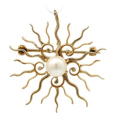 Antique Solid Yellow Gold Button Pearl Sunrays Burst Spray Pin Brooch Pendant