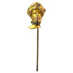 Antique Solid Yellow Gold Lady Face Stickpin with Seed Pearls & Diamond Accent