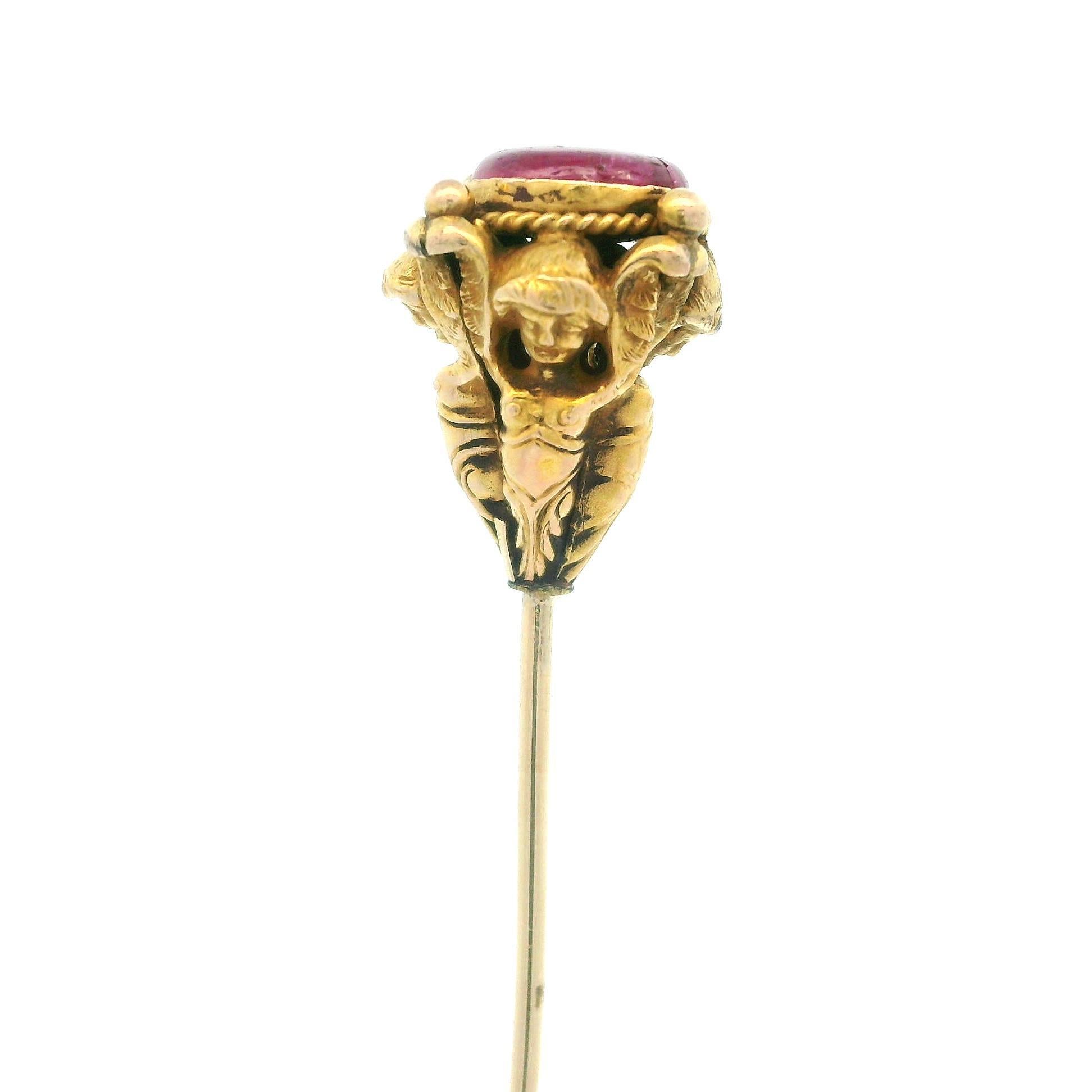 --Stone(s):-- 
(1) Natural Genuine Ruby- Round Cabochon Cut - Bezel Set - Great Red Color - Surface Reaching & Natural Inclusions - 9.3mm (approx.)

Material: 16k Solid Yellow Gold
Total Weight: 4.26 Grams
Top Part Width: 16.6mm (0.65