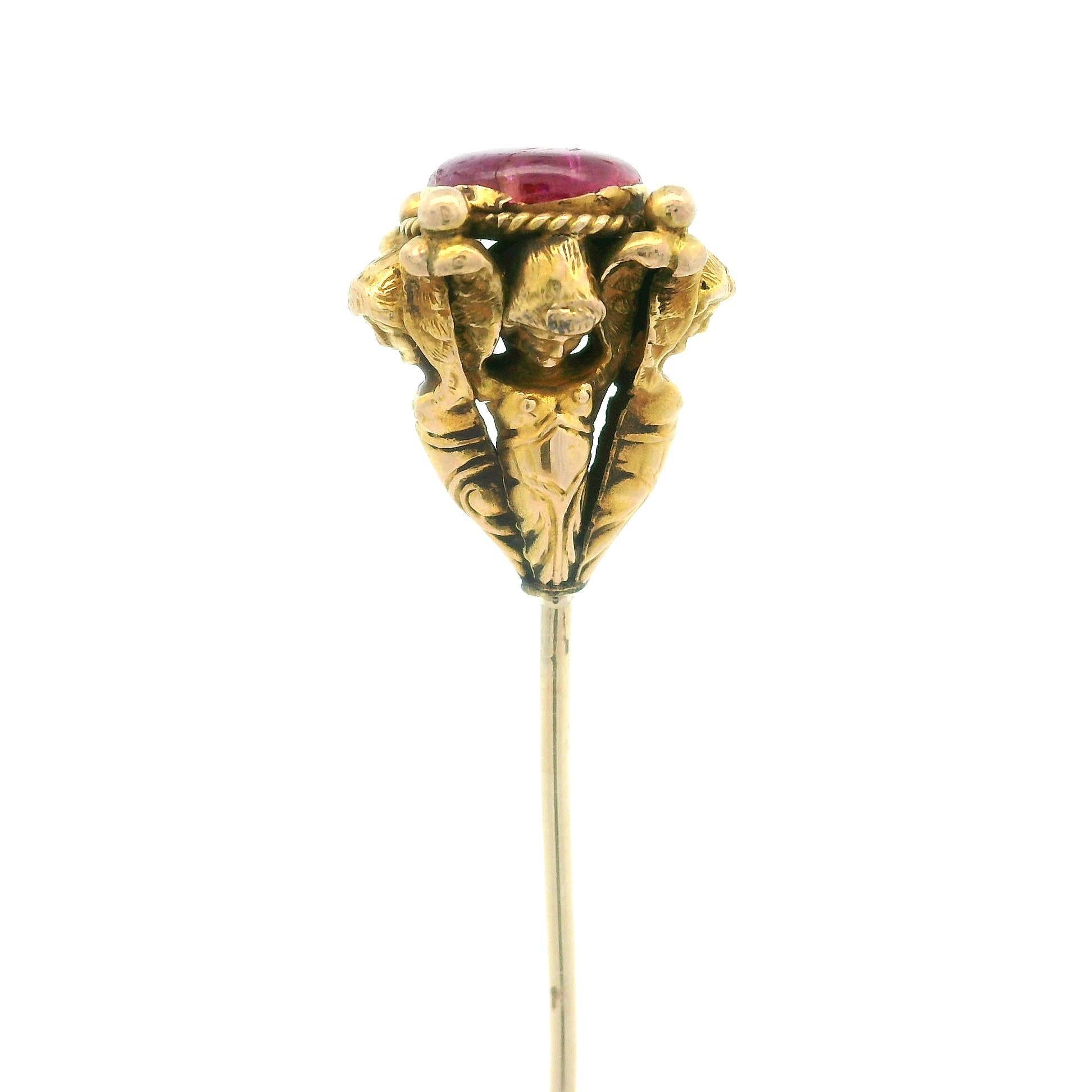 Antique Solid Yellow Gold Round Cabochon Ruby Cherub Angels Hat Pin For Sale 3