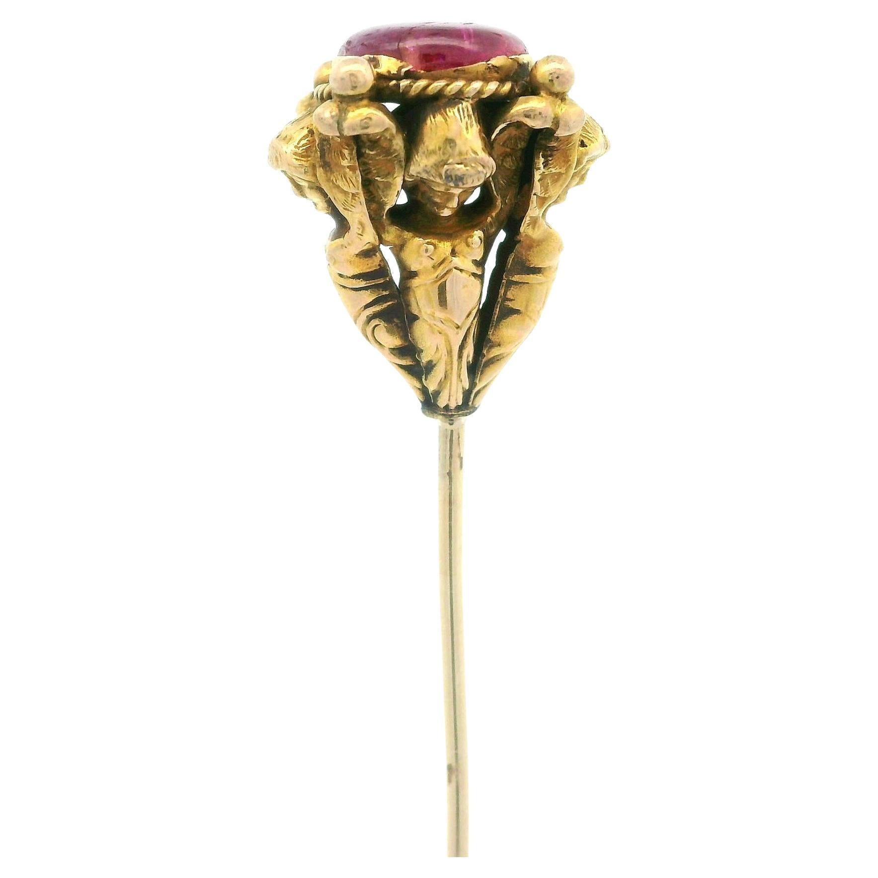 Antique Solid Yellow Gold Round Cabochon Ruby Cherub Angels Hat Pin