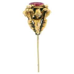 Antique Solid Yellow Gold Round Cabochon Ruby Cherub Angels Hat Pin