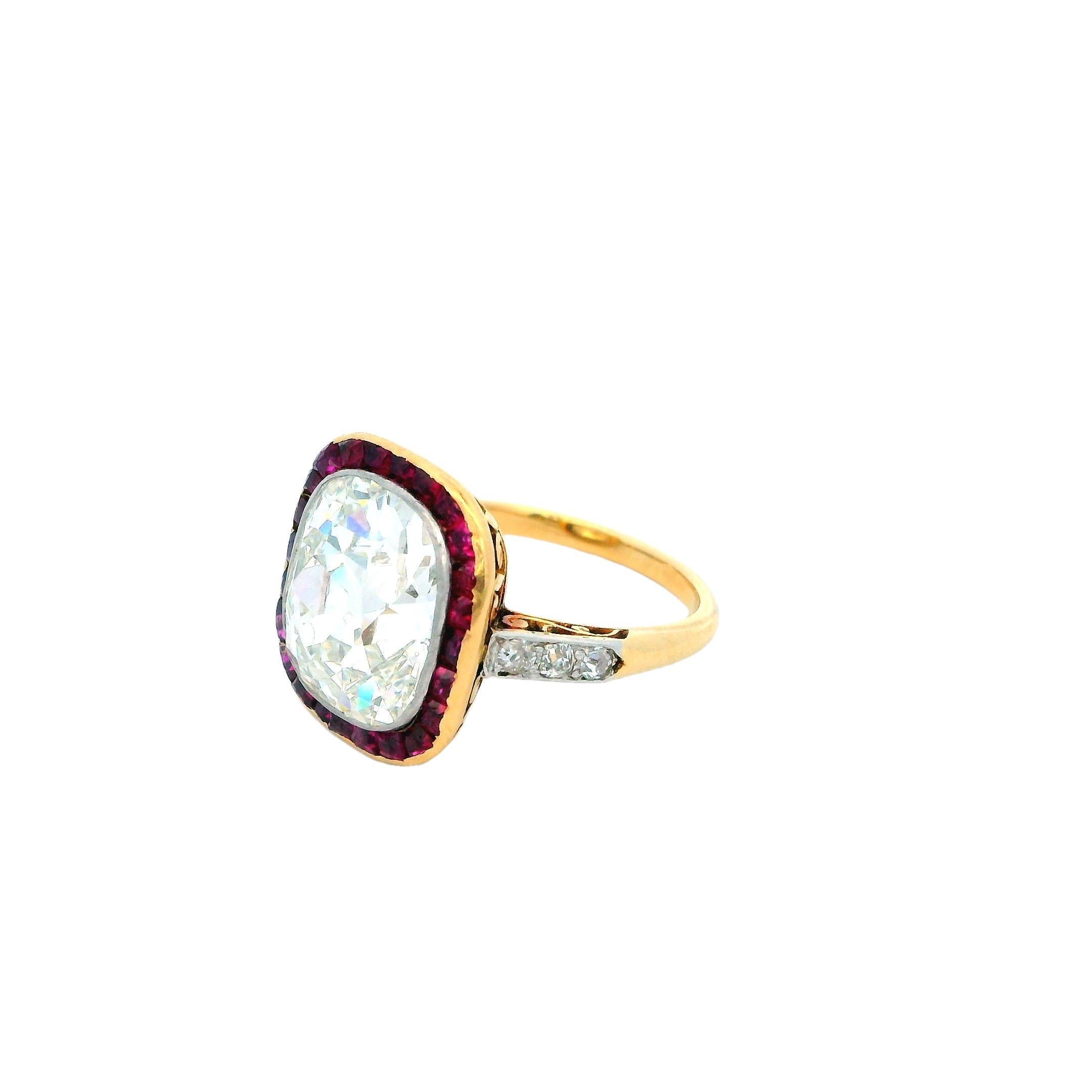 Art Deco Antique Solitaire Cushion & Rubies Ring GIA Certified For Sale