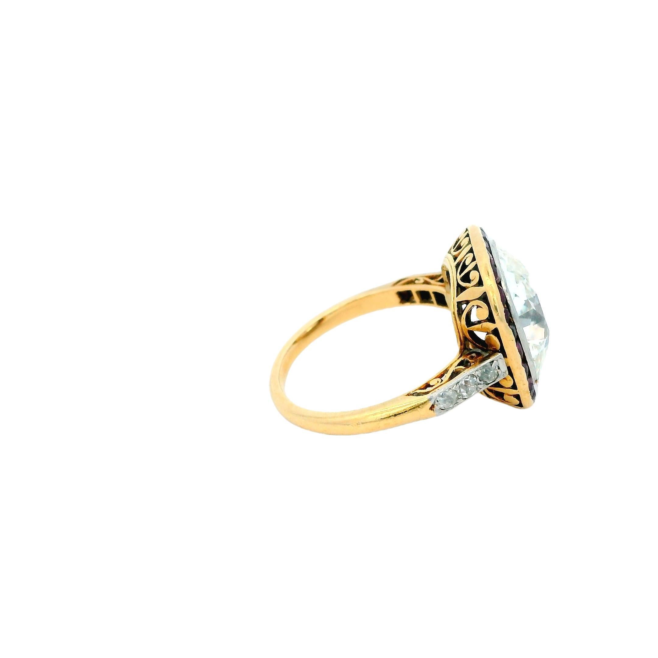Antique Cushion Cut Antique Solitaire Cushion & Rubies Ring GIA Certified For Sale