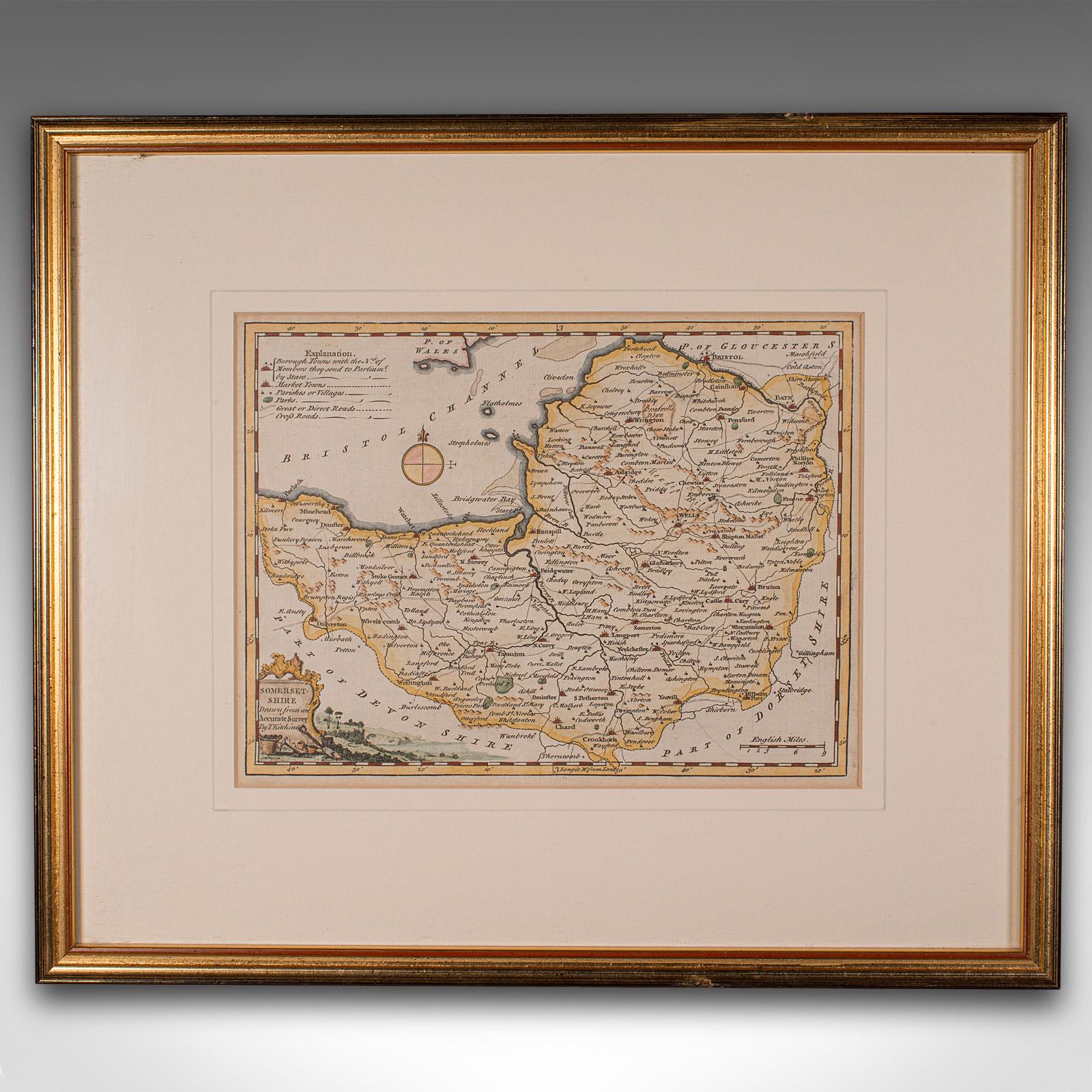 Il s'agit d'une belle carte ancienne de Somerset. Gravure cartographique anglaise du XVIIIe siècle de Thomas Kitchin (1718-1784), datant de la période géorgienne, vers 1780. Une pièce magnifiquement détaillée de l'histoire de la cartographie, qui