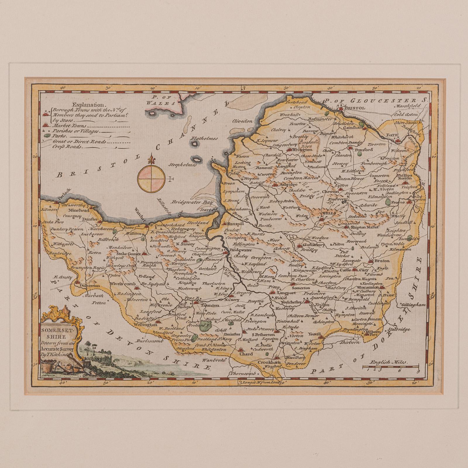 Britannique Carte ancienne du Somerset, Thomas Kitchin, anglais, référence cartographique, géorgienne en vente