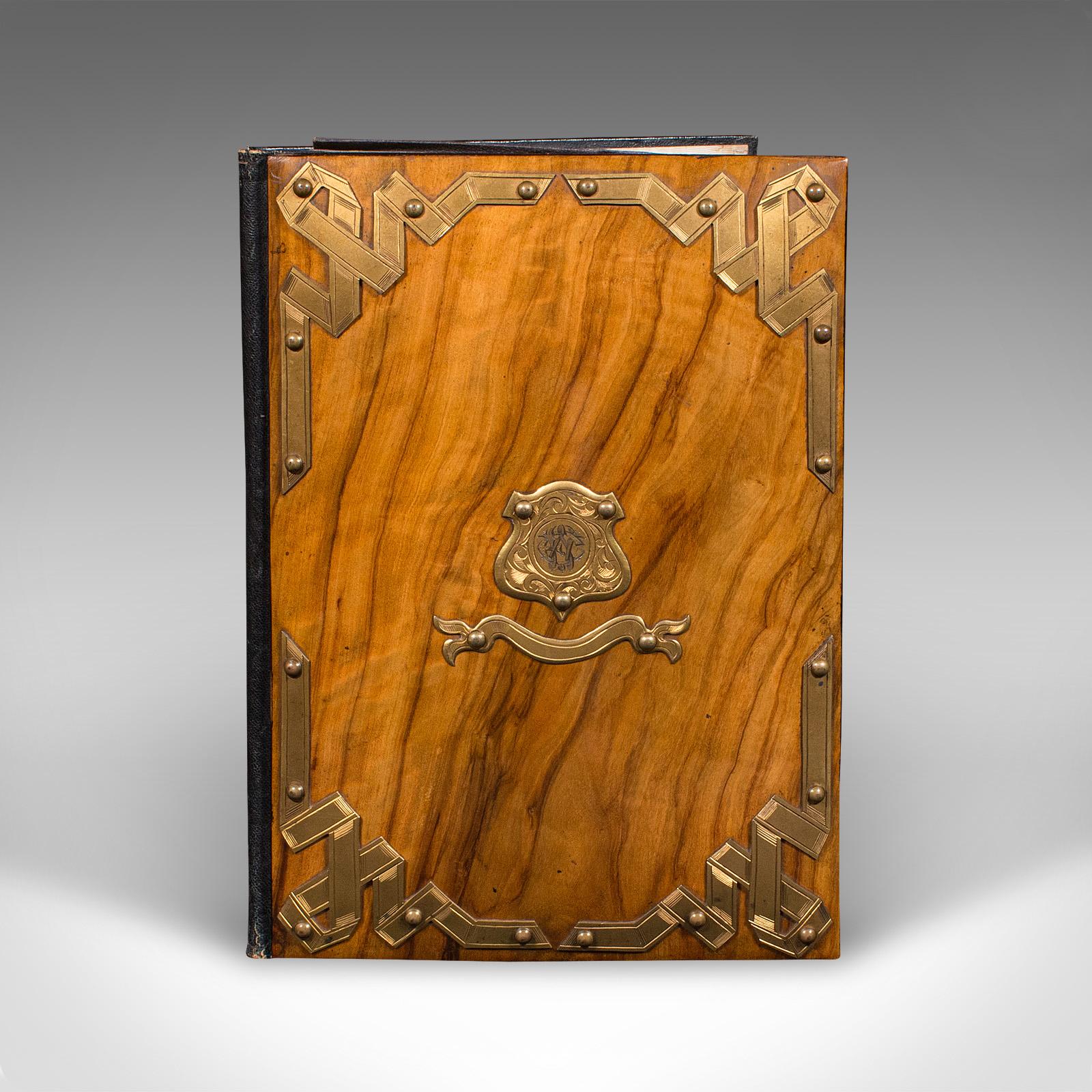 This is an antique sommelier's wine list folio. A French, walnut and brass decorative menu or document sleeve, dating to the late Victorian period, circa 1900.

Present your cellar offerings in this superb folio sleeve
Displays a desirable aged