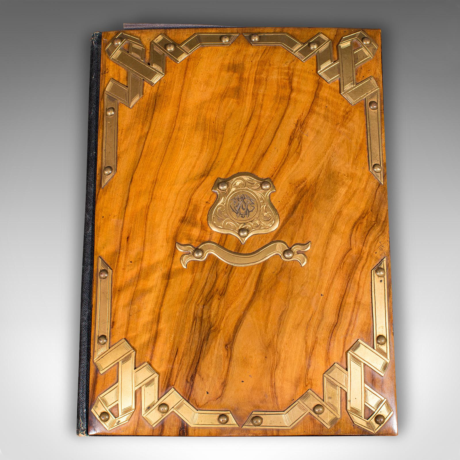 Brass Antique Sommelier's Wine List Folio, French, Walnut, Document Sleeve, Victorian For Sale