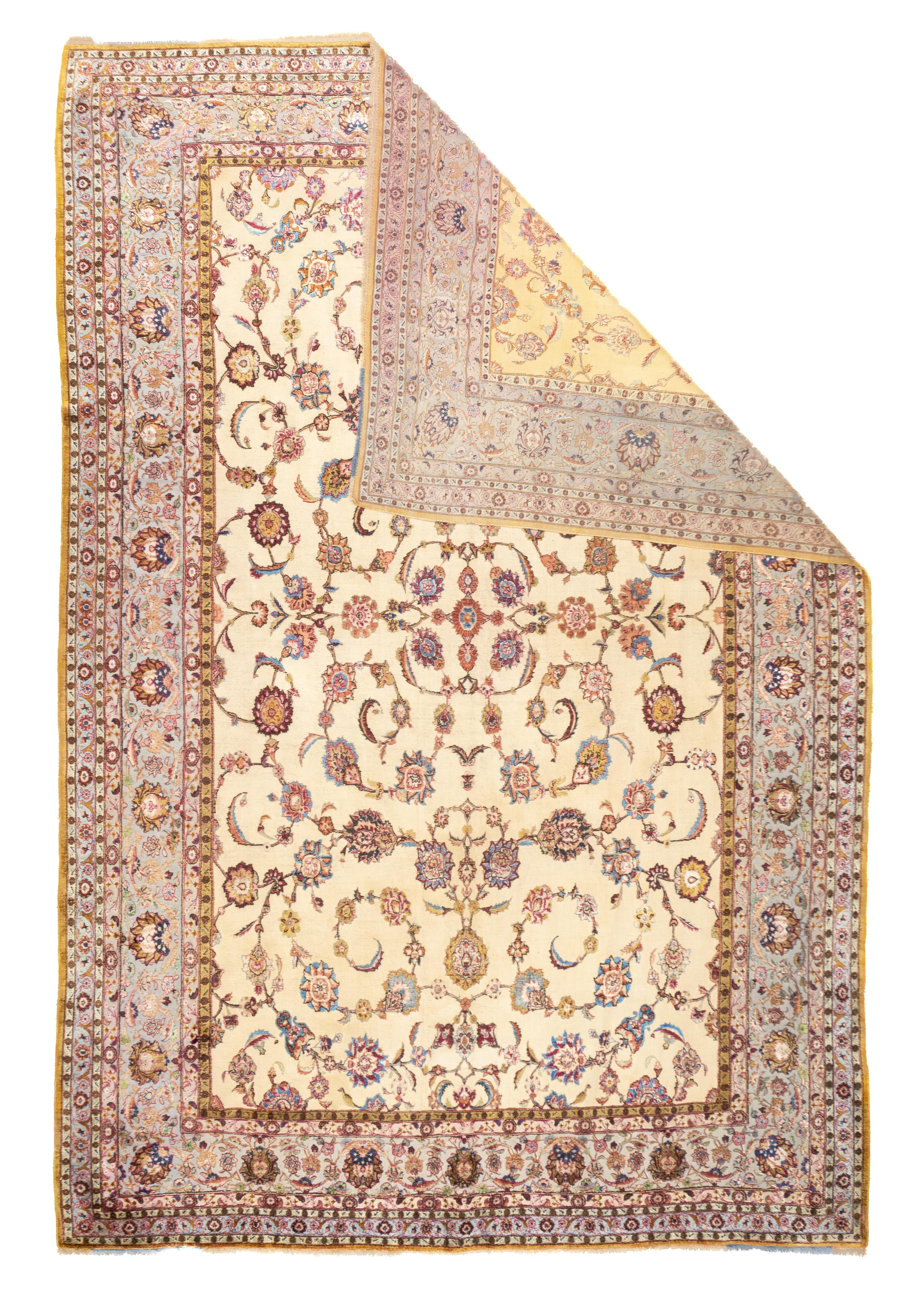 Antique Souf Kashan Rug 8' x 11'8''. Central Persian city known for finely woven. room size and scatter rugs, with dominant reds and navy, and medallion patterns and swirling palmettes. Wool and a few silk pieces. Active since the 16th century, but