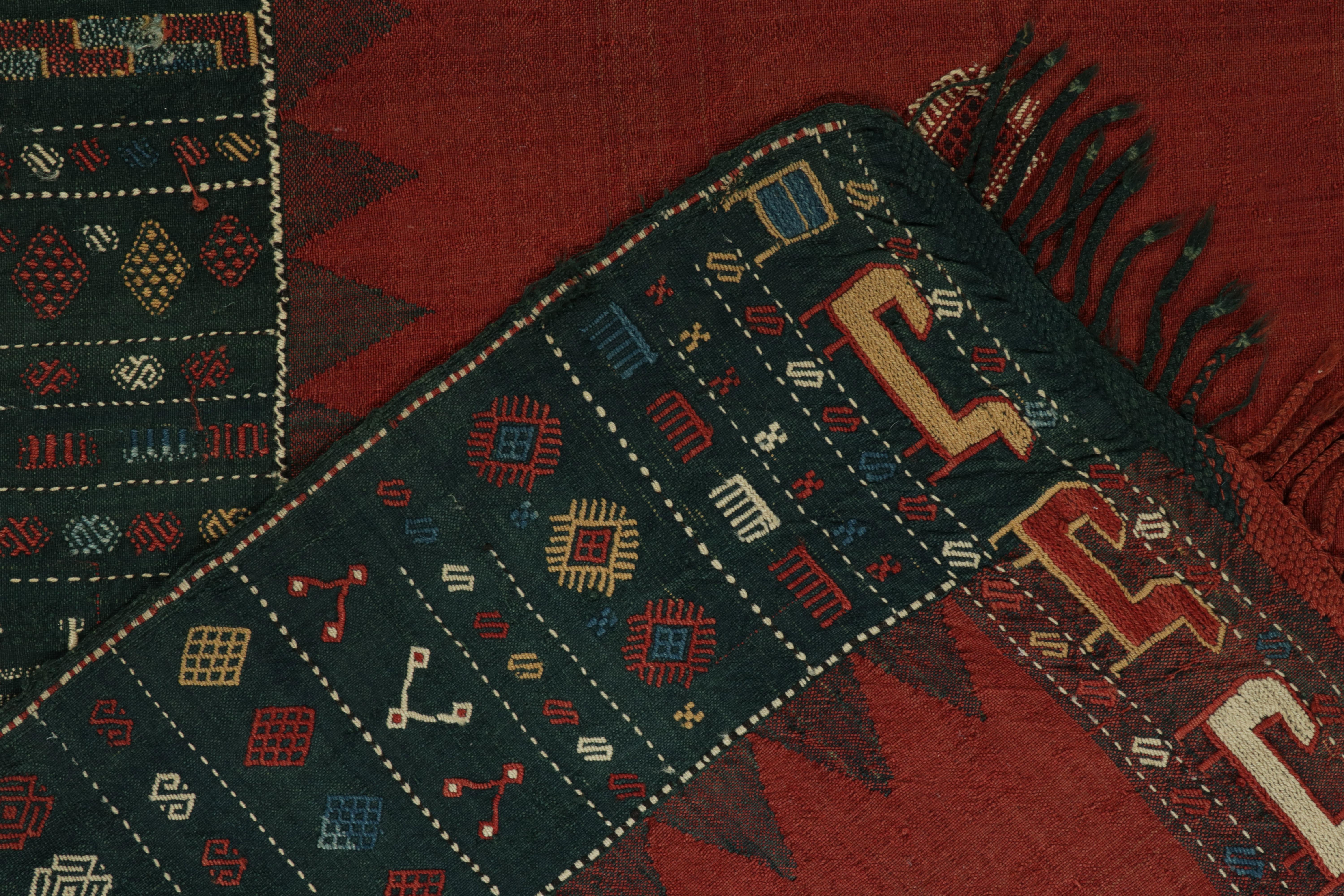 Early 20th Century Antique Soumak Kilim Rug in Red, Black Border with Tribal Pattern by Rug & Kilim For Sale