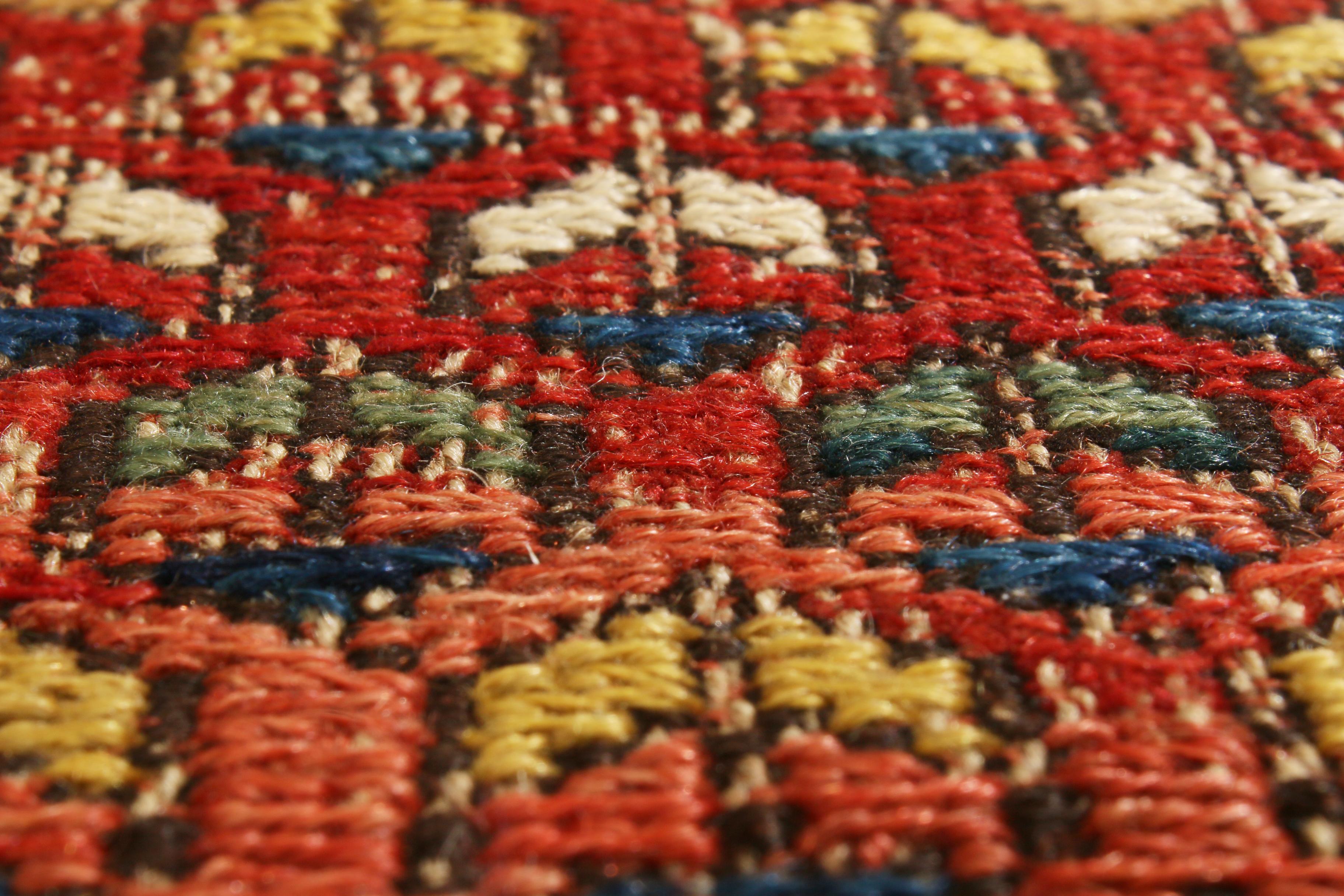 Antique Soumak Traditional Burgundy Red and Blue Wool Rug In Good Condition In Long Island City, NY