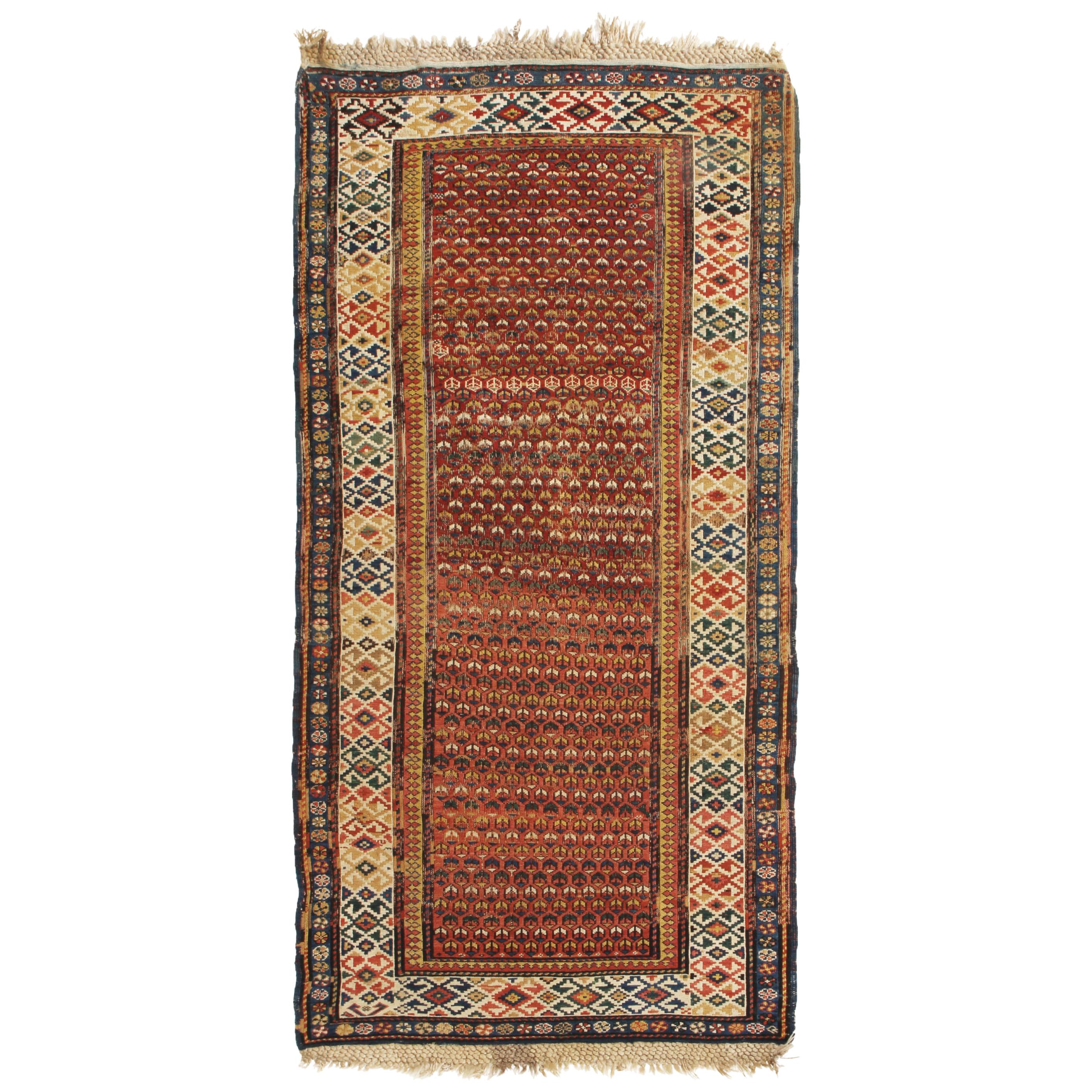 Antique Soumak Traditional Burgundy Red and Blue Wool Rug