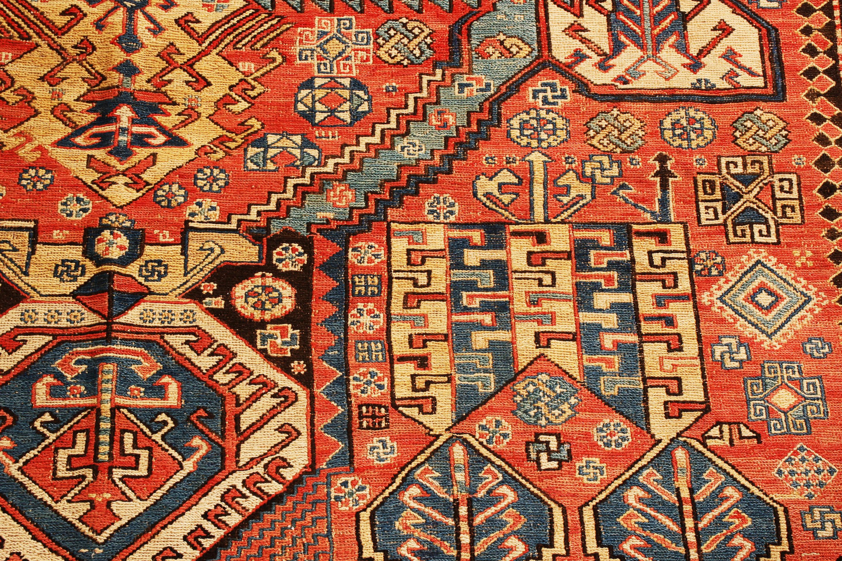 European Antique Soumak Transitional Geometric Red and Blue Wool Southwestern Pattern Rug