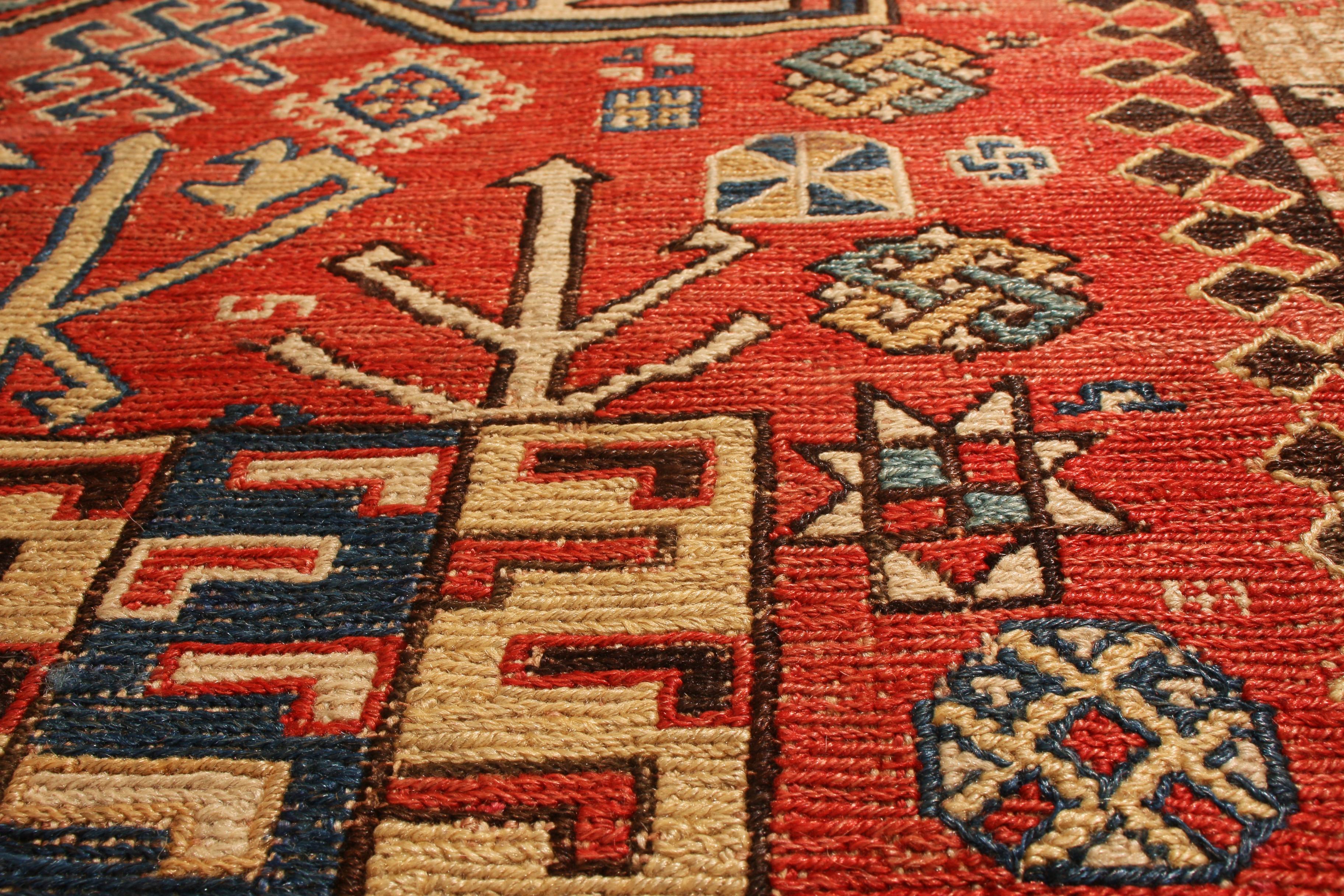 Hand-Knotted Antique Soumak Transitional Geometric Red and Blue Wool Southwestern Pattern Rug