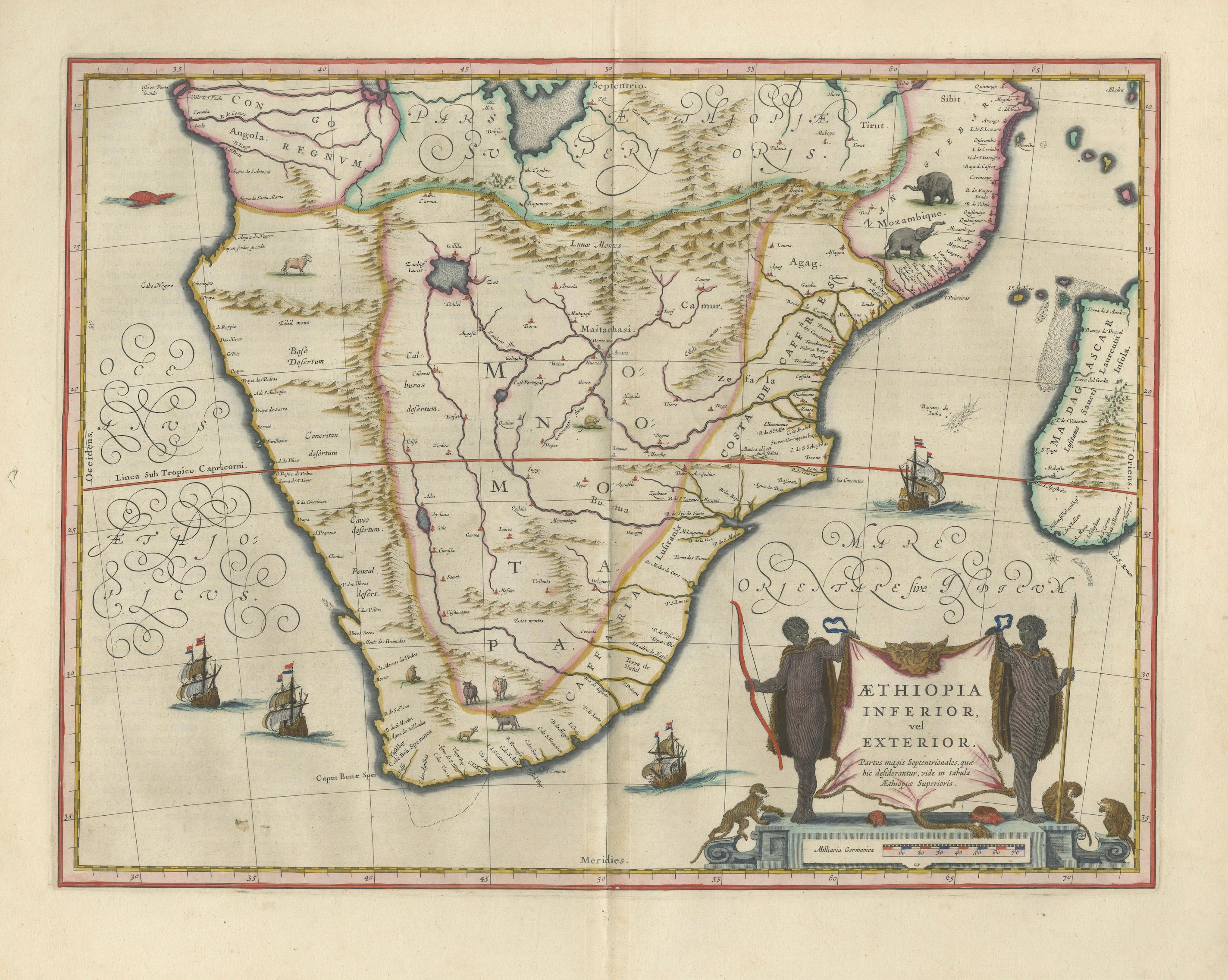 Antique South Africa Map Blaeu c.1642 – Cape of Good Hope, Ships
