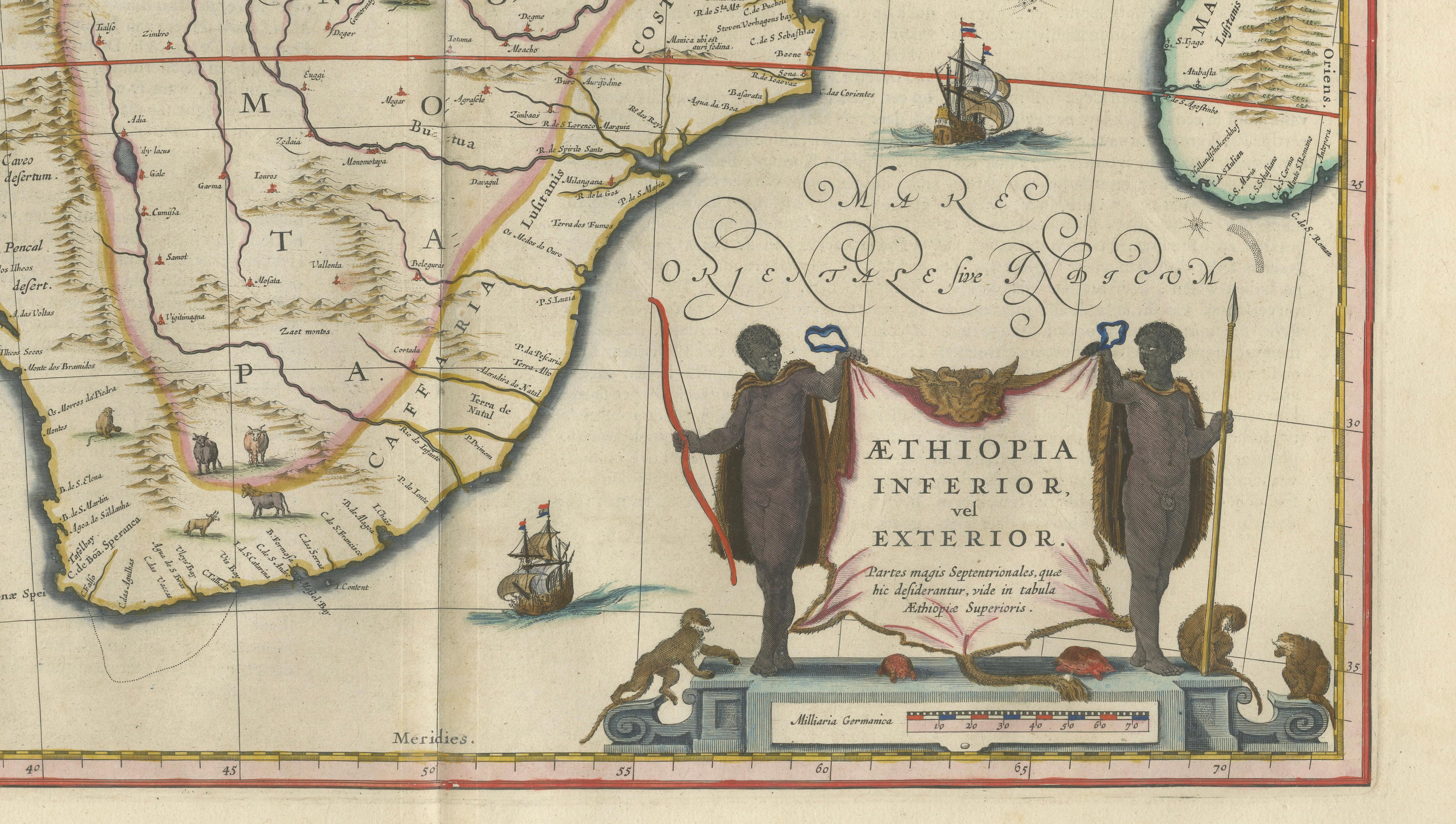 Antique South Africa Map Blaeu c.1642 – Cape of Good Hope, Ships