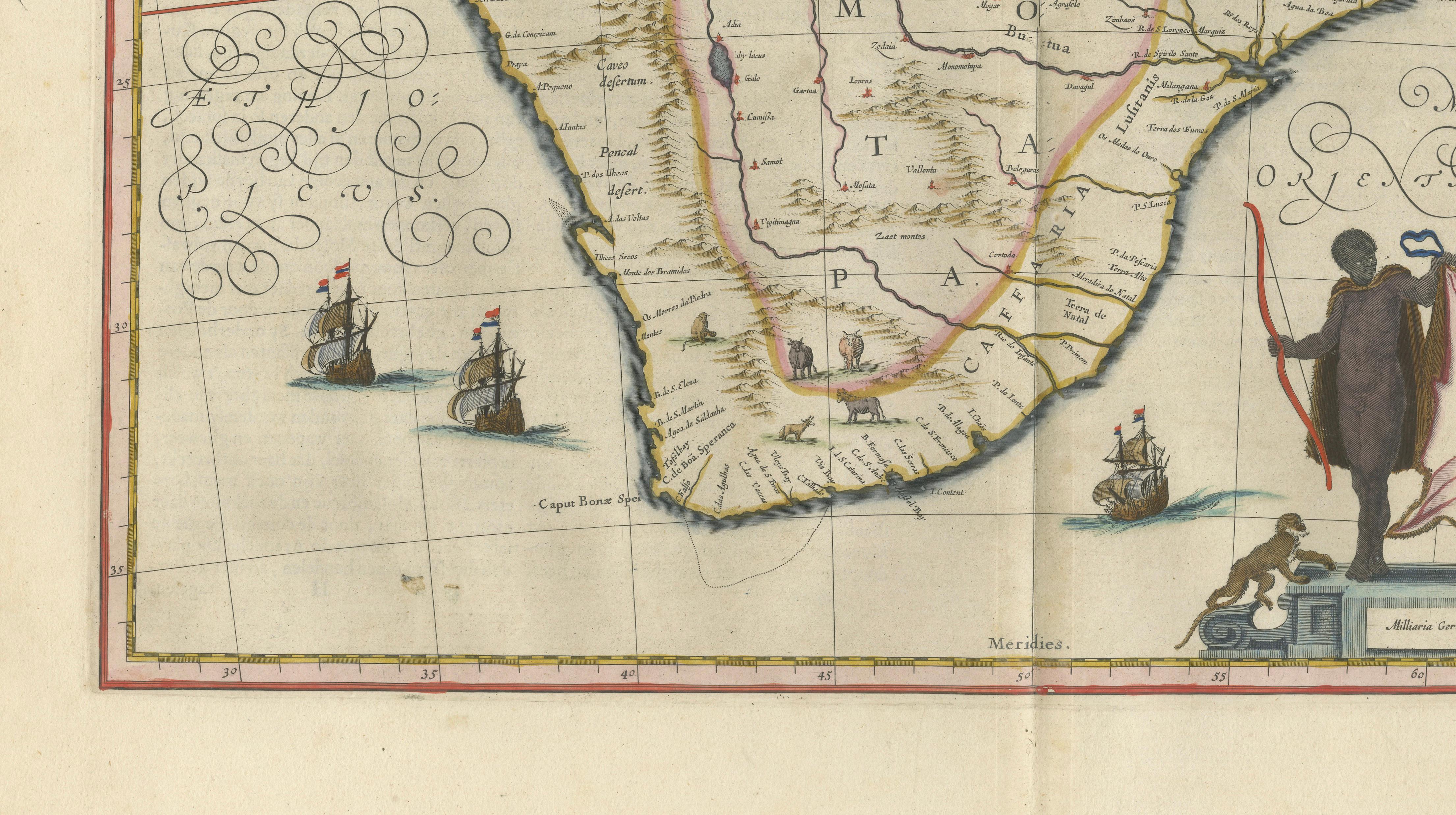 Antique South Africa Map Blaeu c.1642 – Cape of Good Hope, Ships