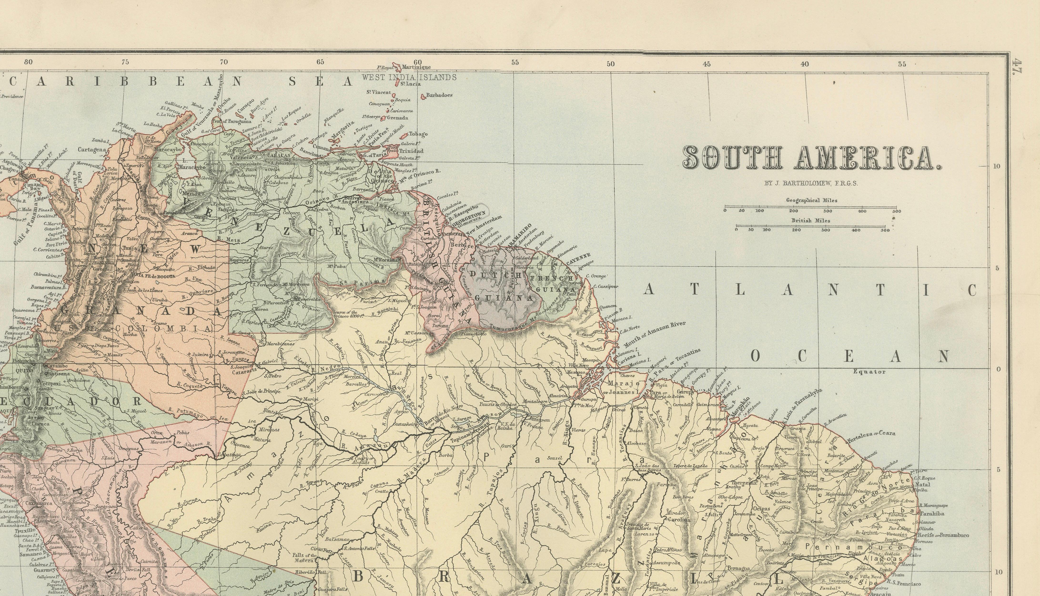 Antique South America Map, Brazil, Argentina, Chile, Bartholomew, 1884