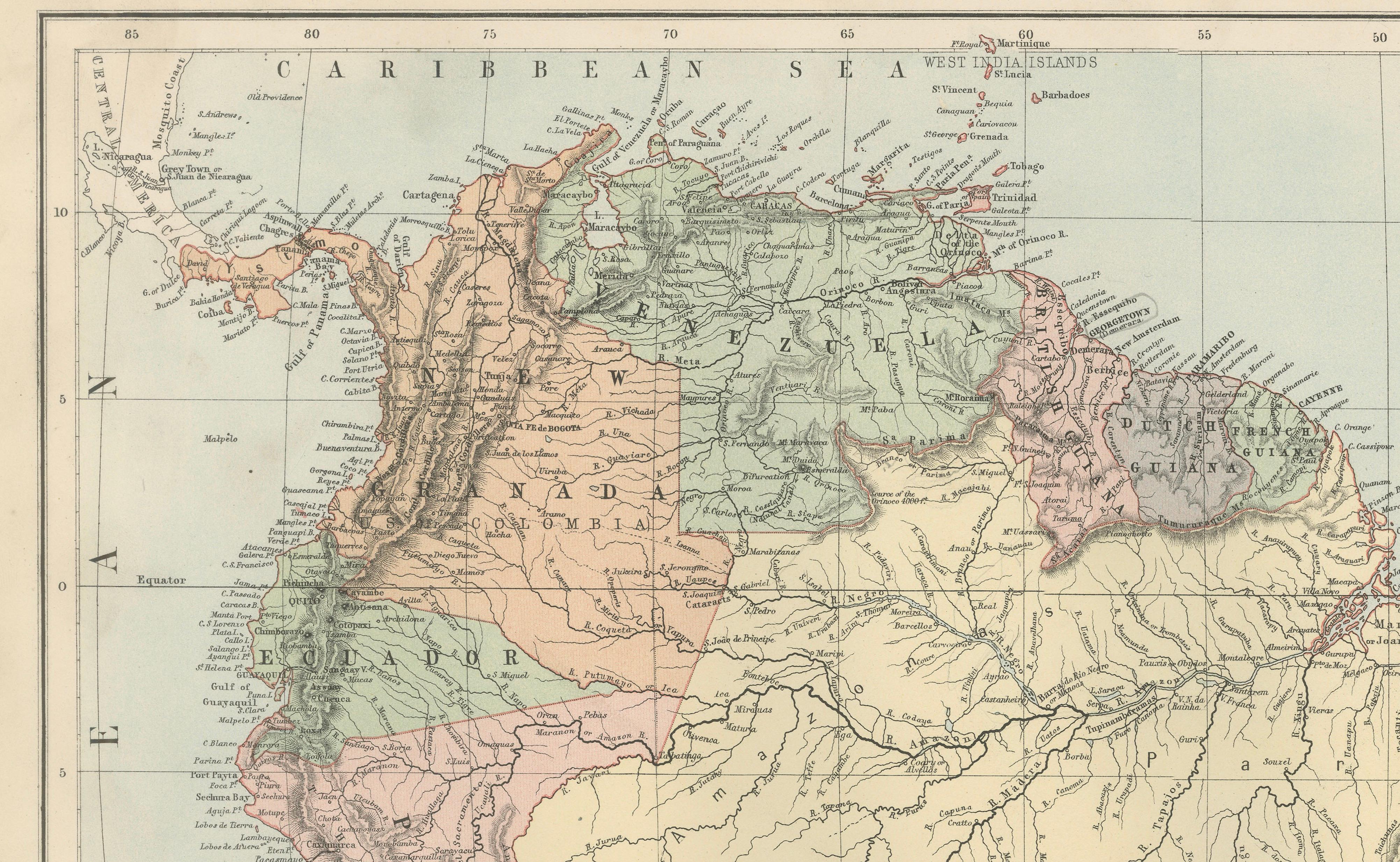 Antique South America Map, Brazil, Argentina, Chile, Bartholomew, 1884