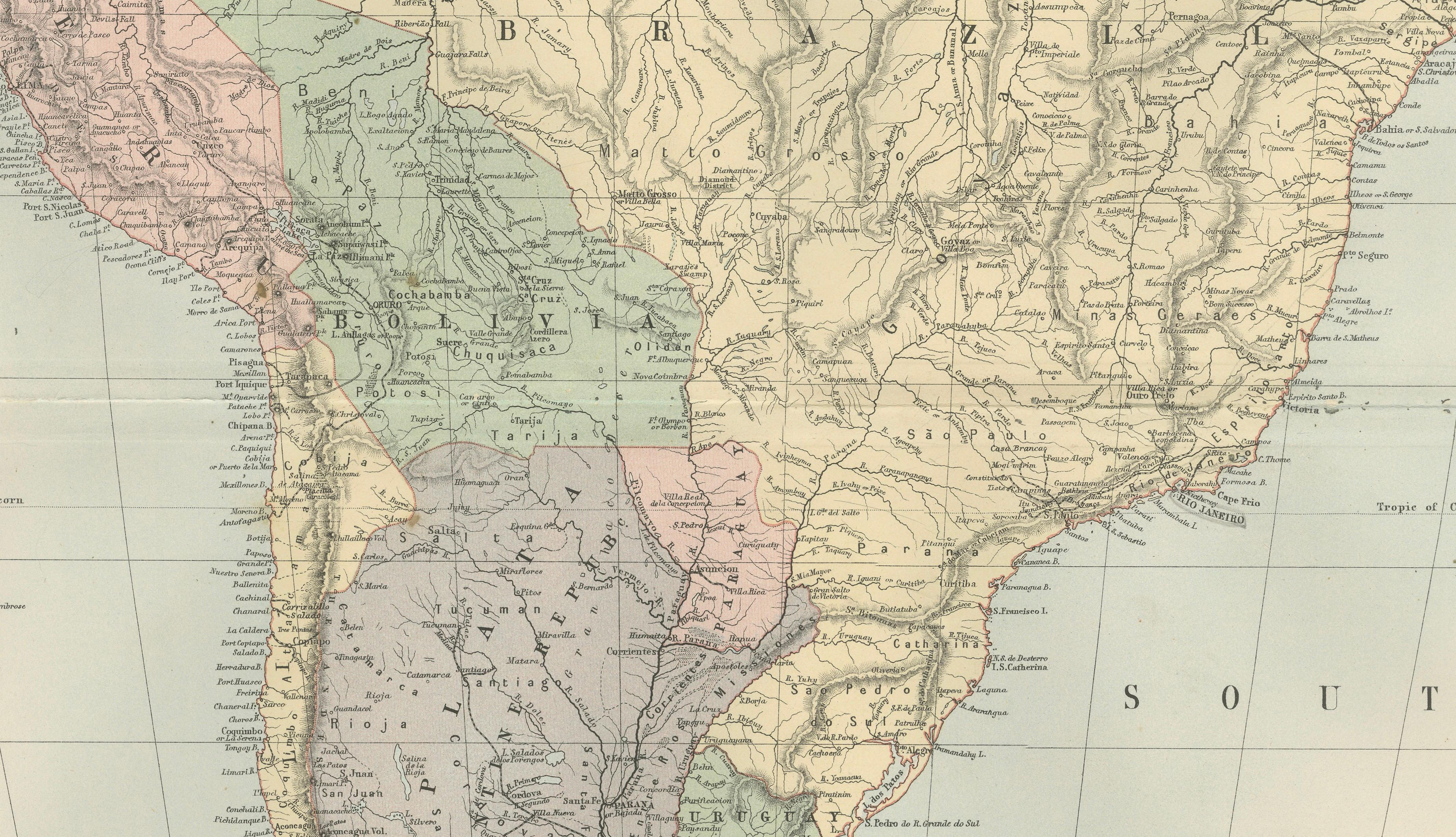 Antique South America Map, Brazil, Argentina, Chile, Bartholomew, 1884