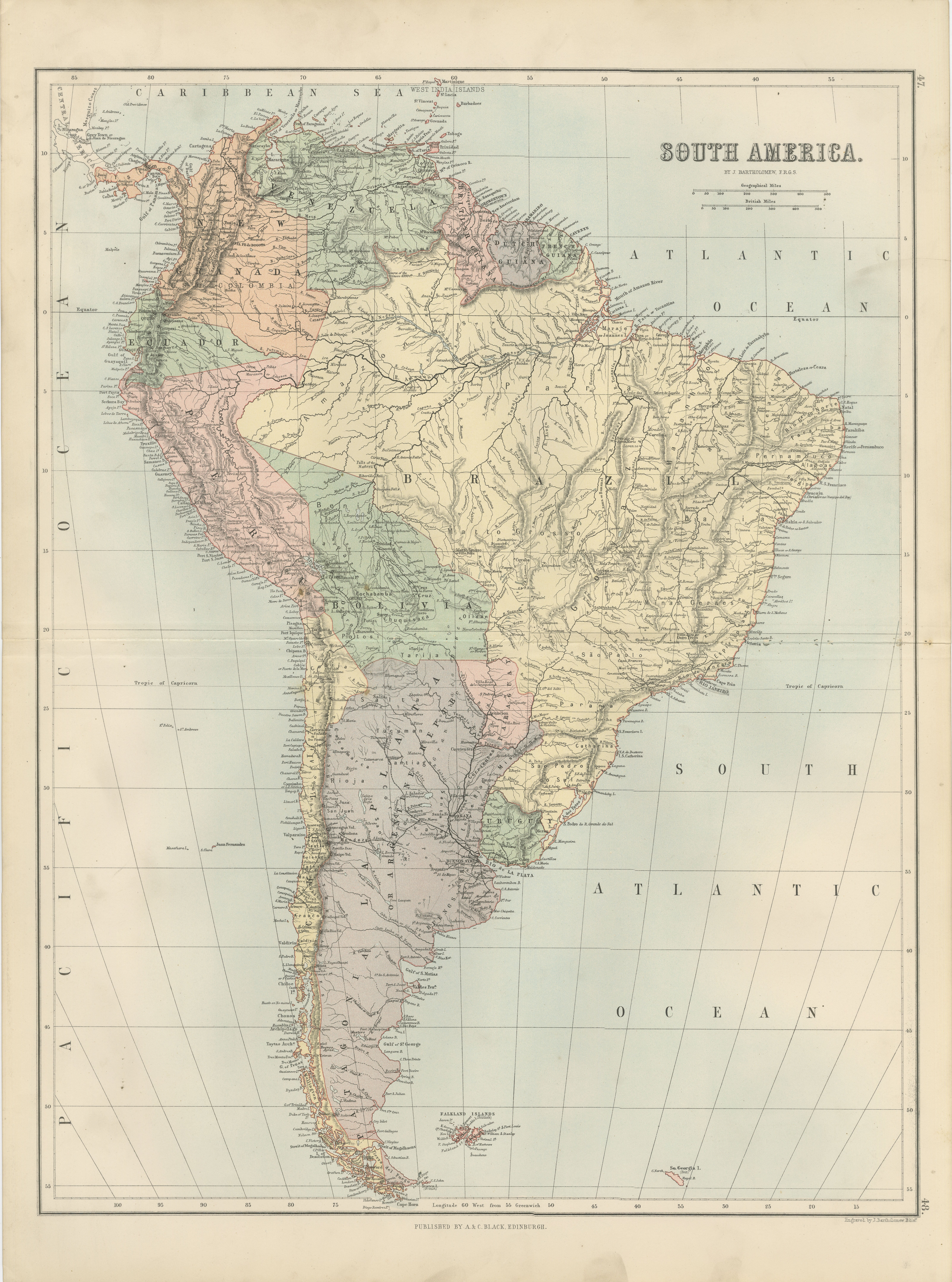 Carte ancienne de l'Amérique du Sud, Brésil, Argentine, Chili, Bartholomew, 1884