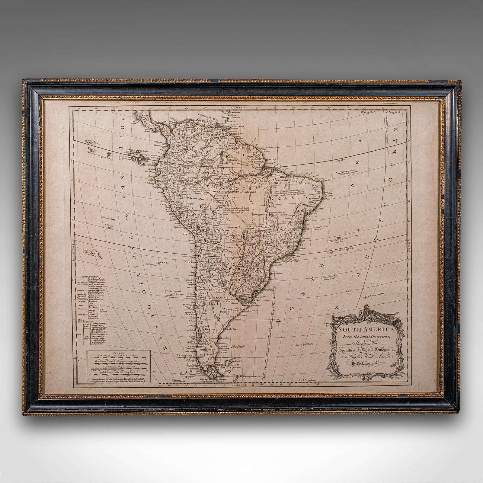 Voici une superbe carte ancienne de l'Amérique du Sud. Gravure cartographique anglaise encadrée de Louis Stanislas De La Rochette, datant de la période géorgienne et plus tard, vers 1790. Un exemple fascinant de la cartographie de la fin du 18e