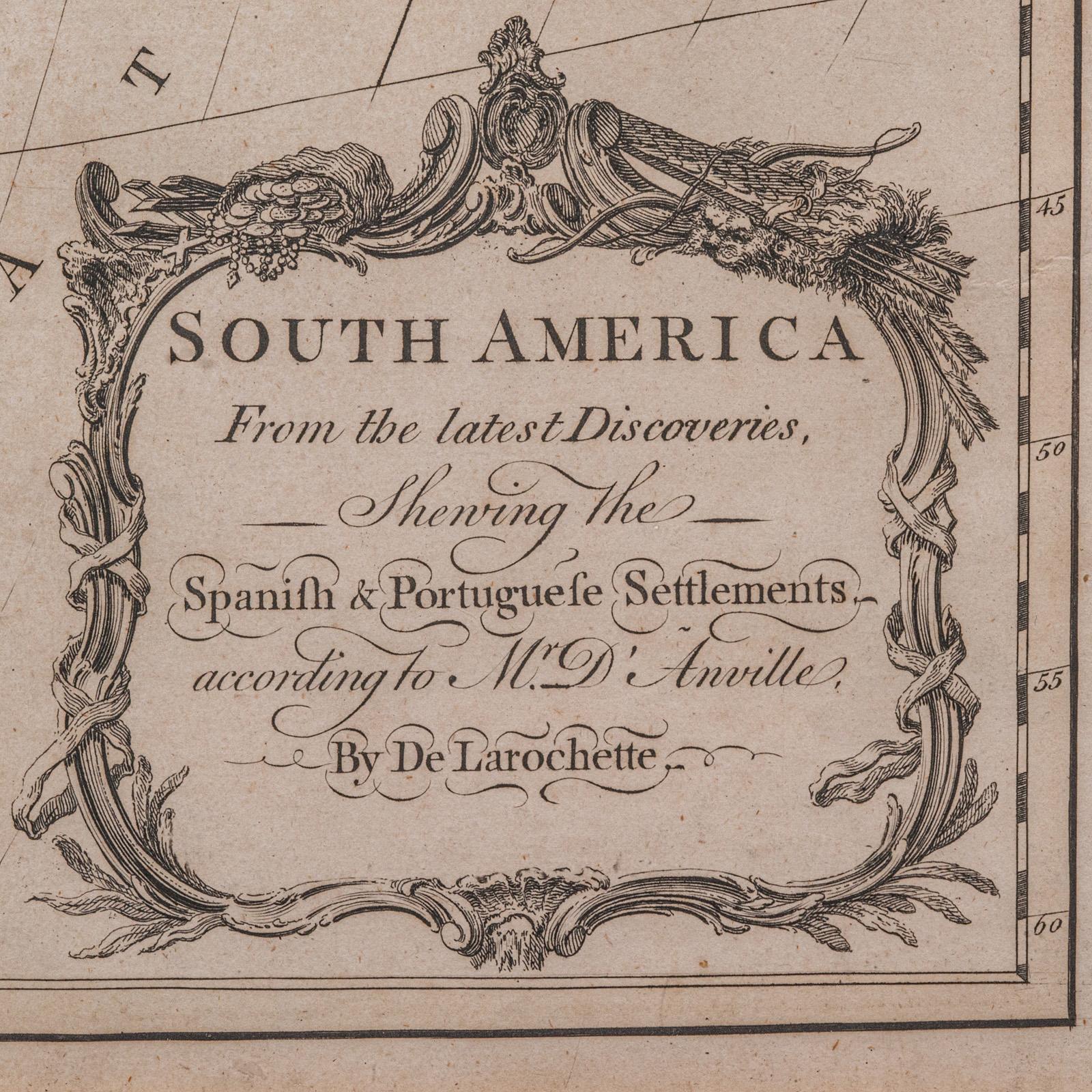 Britannique Carte ancienne de l'Amérique du Sud, anglaise, cartographie encadrée, De La Rochette, géorgienne en vente