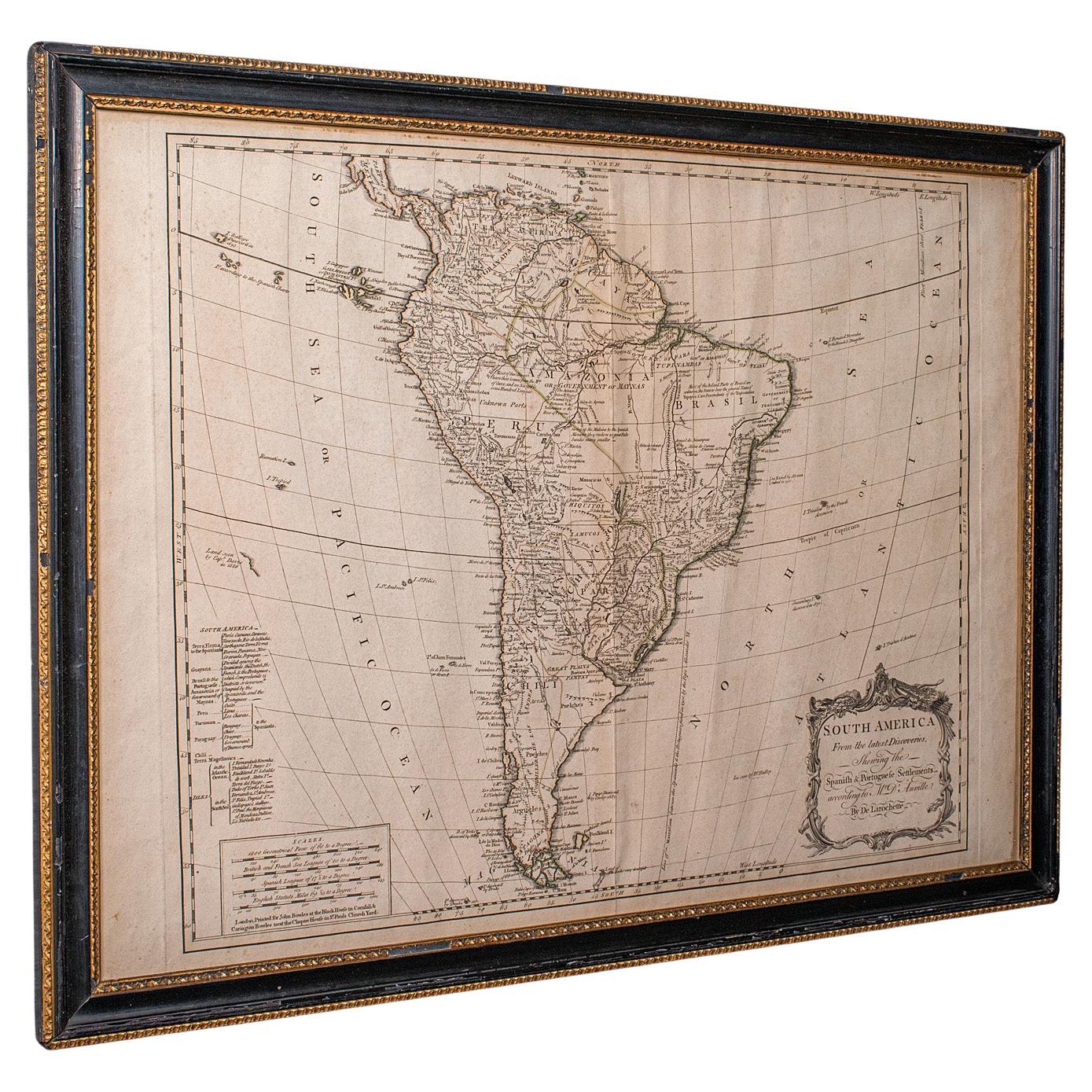 Carte ancienne de l
Amérique du Sud, anglaise, cartographie encadrée, De La Rochette, géorgienne