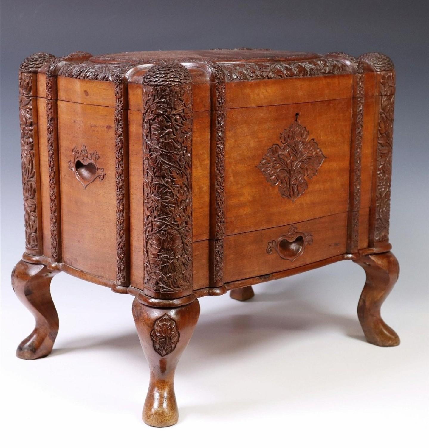 Hand-Carved Antique South Asian Colonial Carved Camphor Wood Table Box / Jewelry Casket For Sale