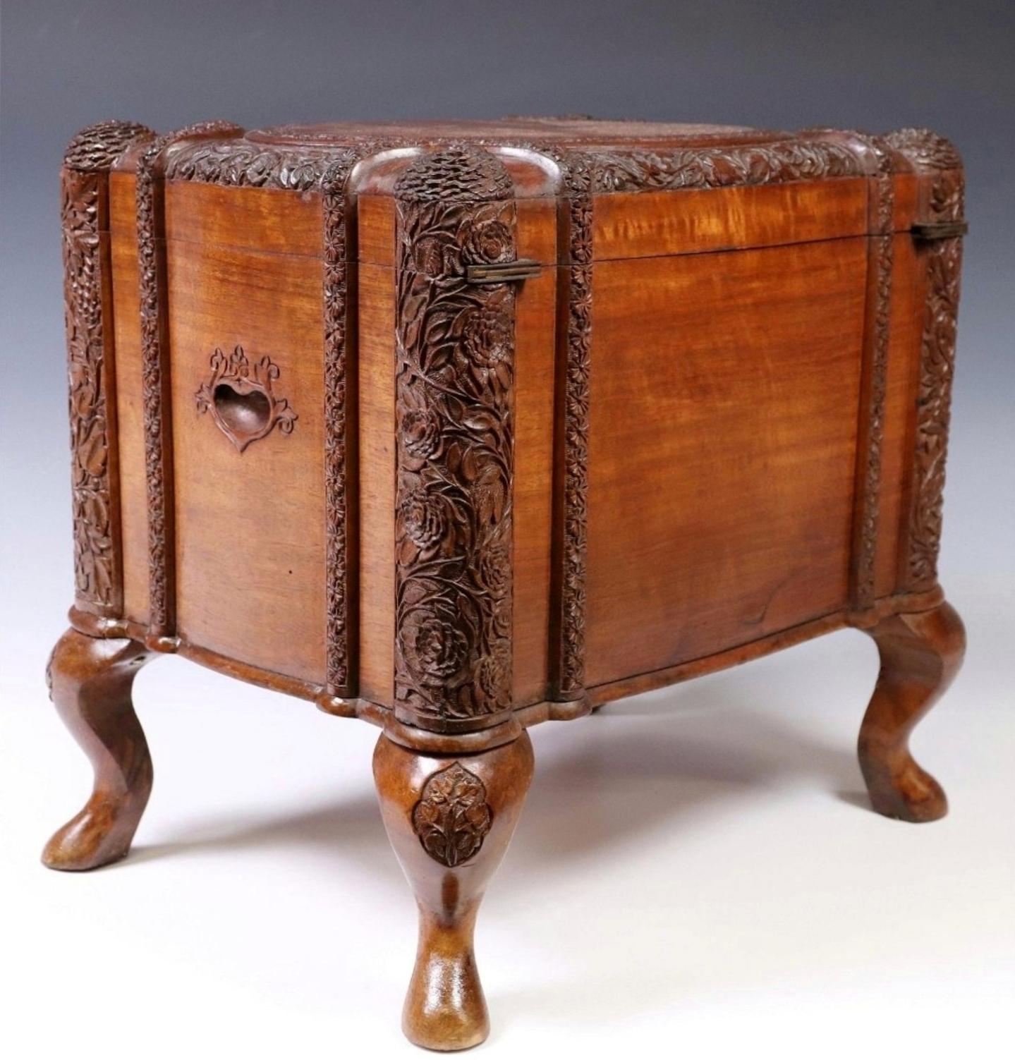 Large Antique South Asian Colonial Carved Camphor Wood Table Box Jewelry Casket In Good Condition For Sale In Forney, TX