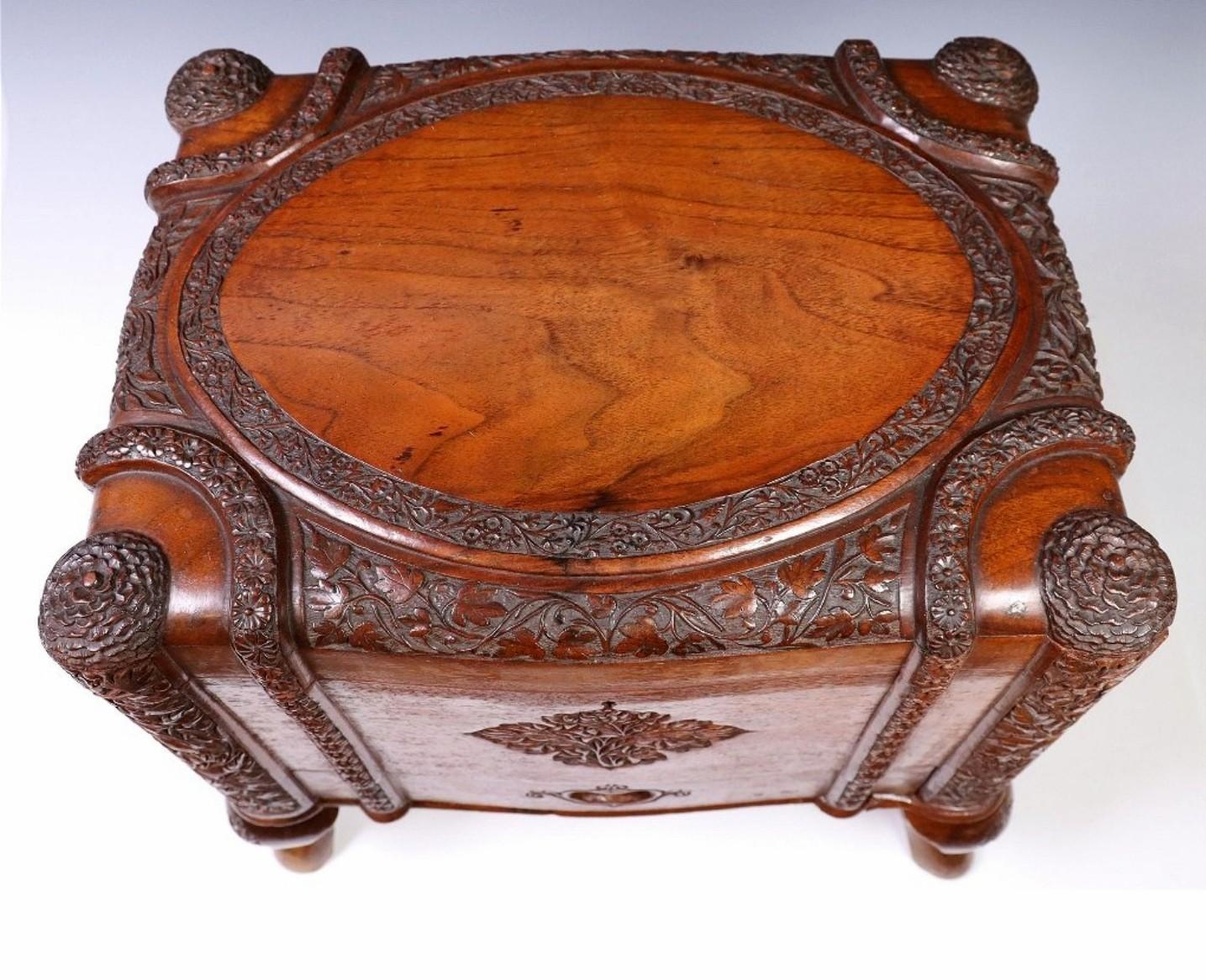 20th Century Antique South Asian Colonial Carved Camphor Wood Table Box / Jewelry Casket For Sale