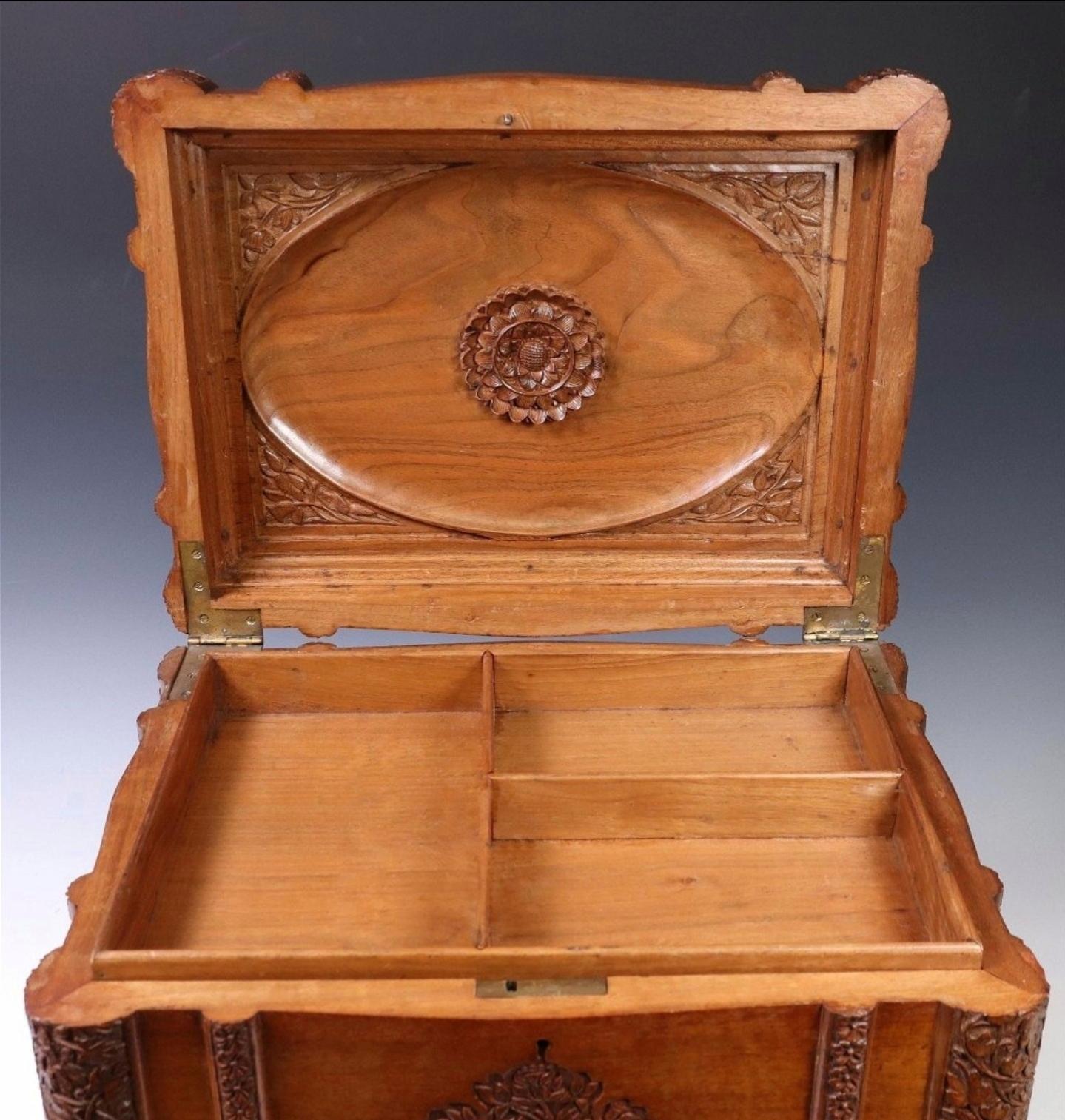Large Antique South Asian Colonial Carved Camphor Wood Table Box Jewelry Casket For Sale 1