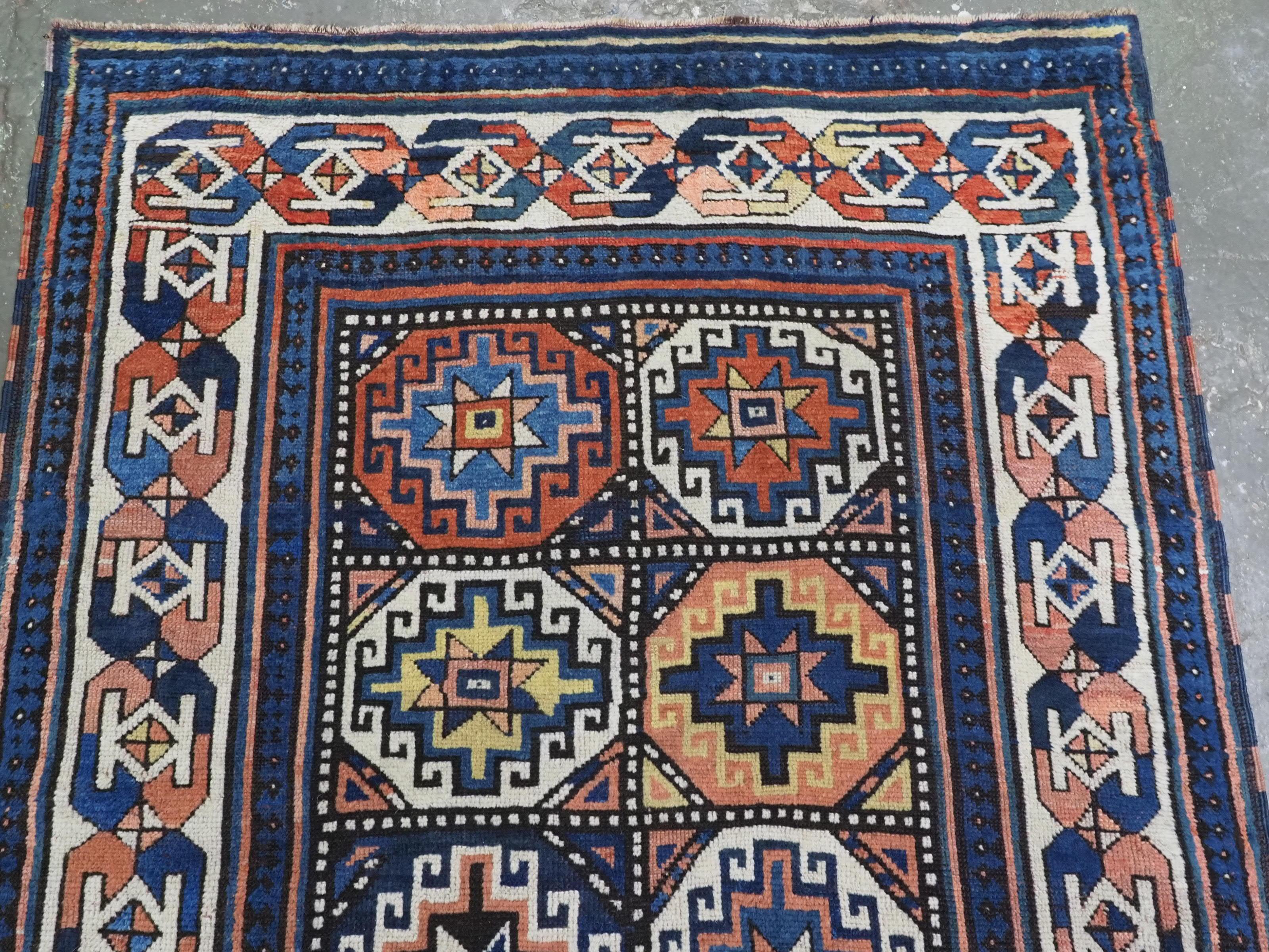 Antique South Caucasian Moghan Kazak runner with Memling guls within octagons. In Good Condition For Sale In Moreton-In-Marsh, GB