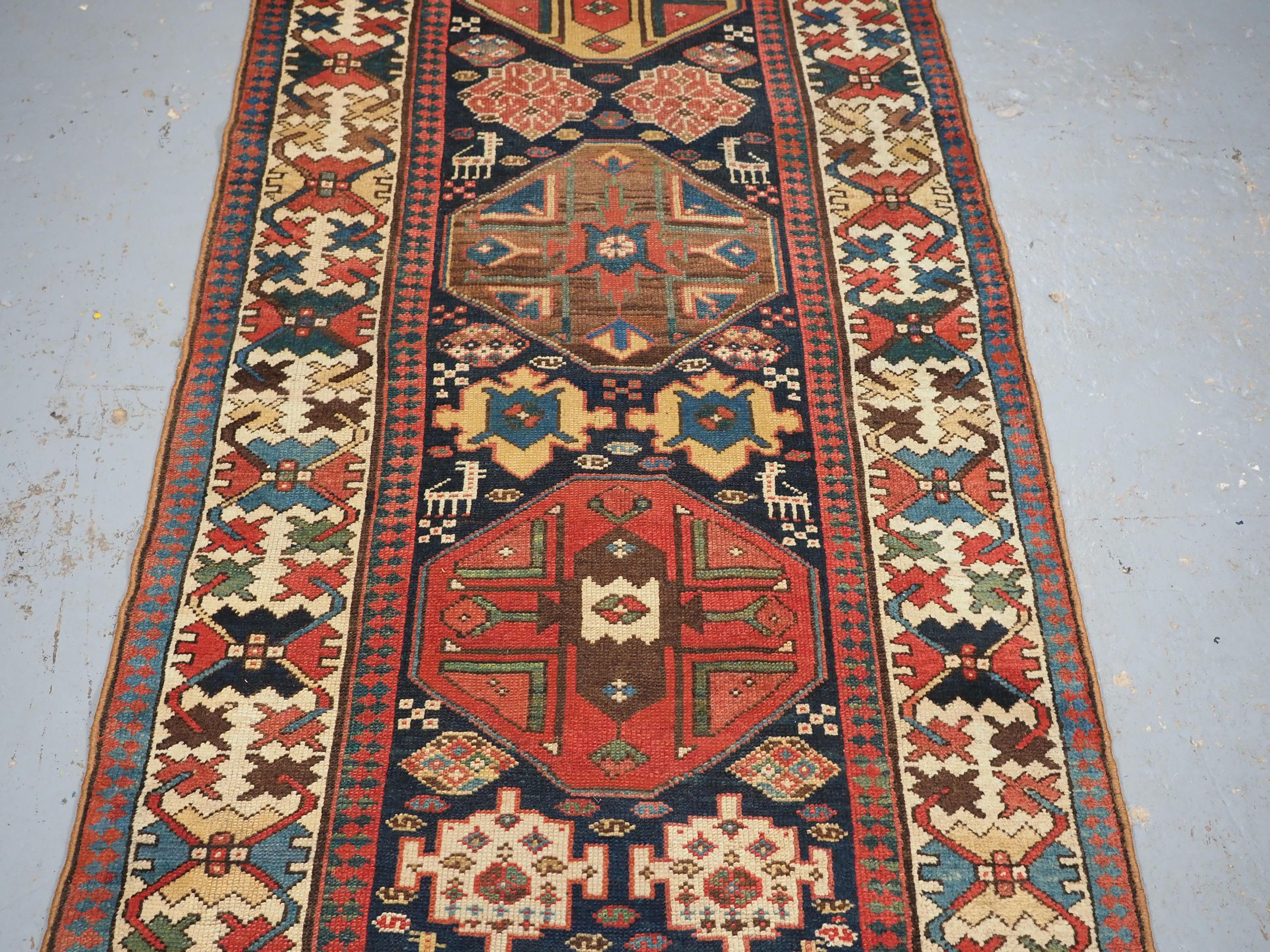 Antique south Caucasian or Kurdish runner of superb design and colour. In Good Condition For Sale In Moreton-In-Marsh, GB