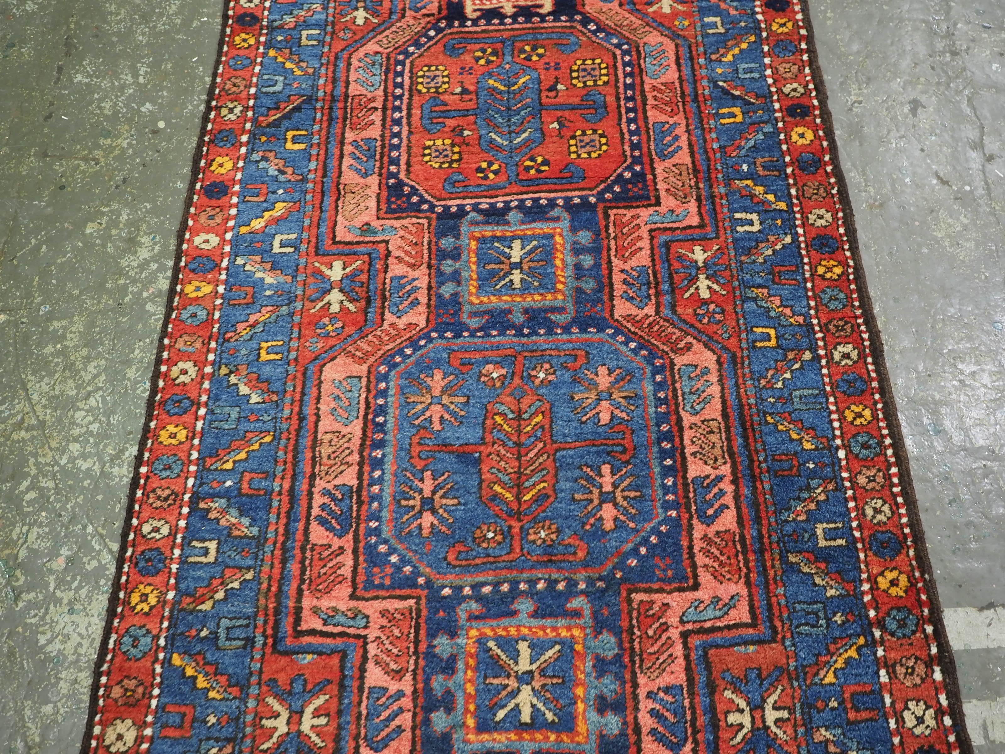 Asian Antique South Caucasian or Kurdish runner of superb design & colour. Circa 1920. For Sale