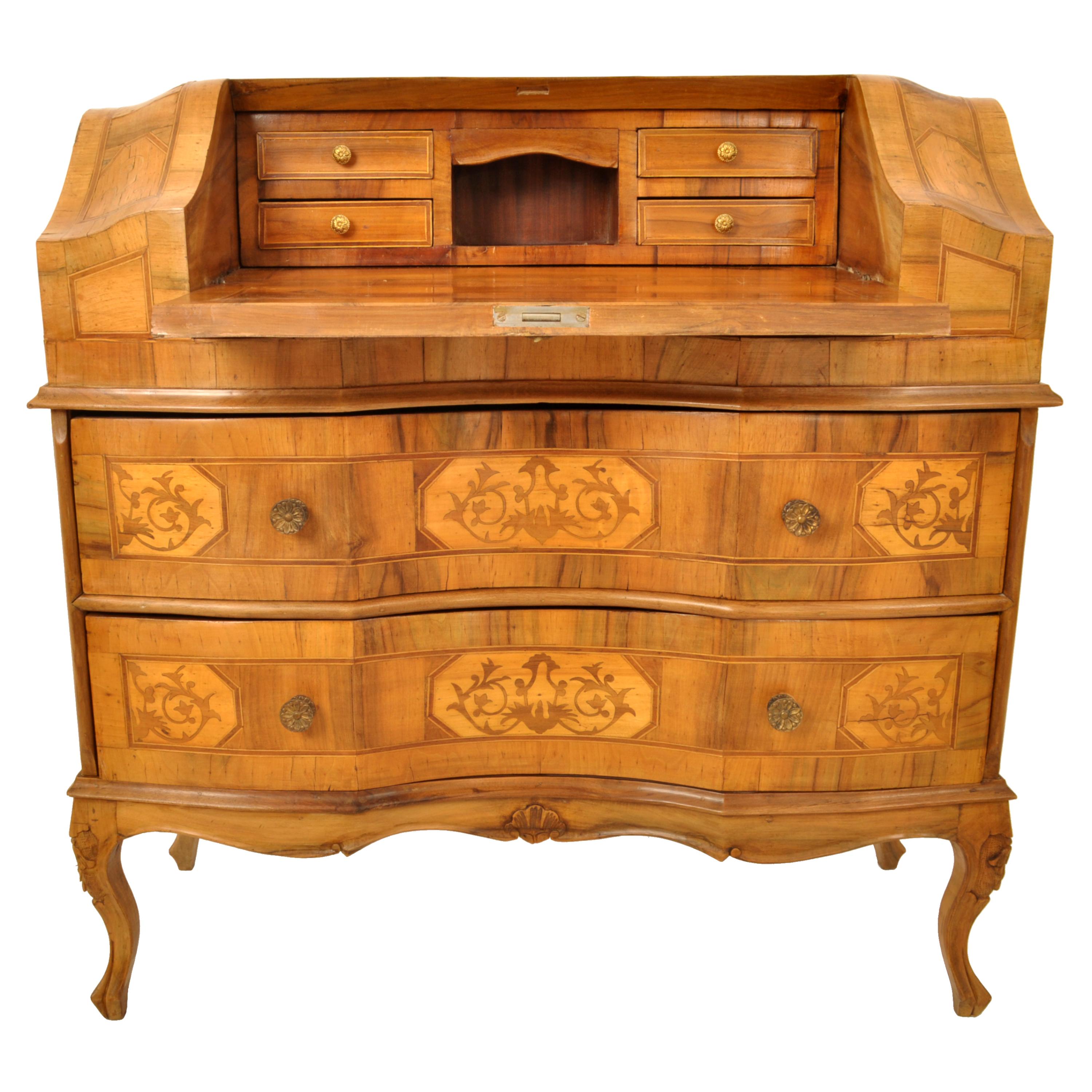 Carved Antique South German Marquetry Fruitwood & Walnut Secretary Dresser Desk, 1850