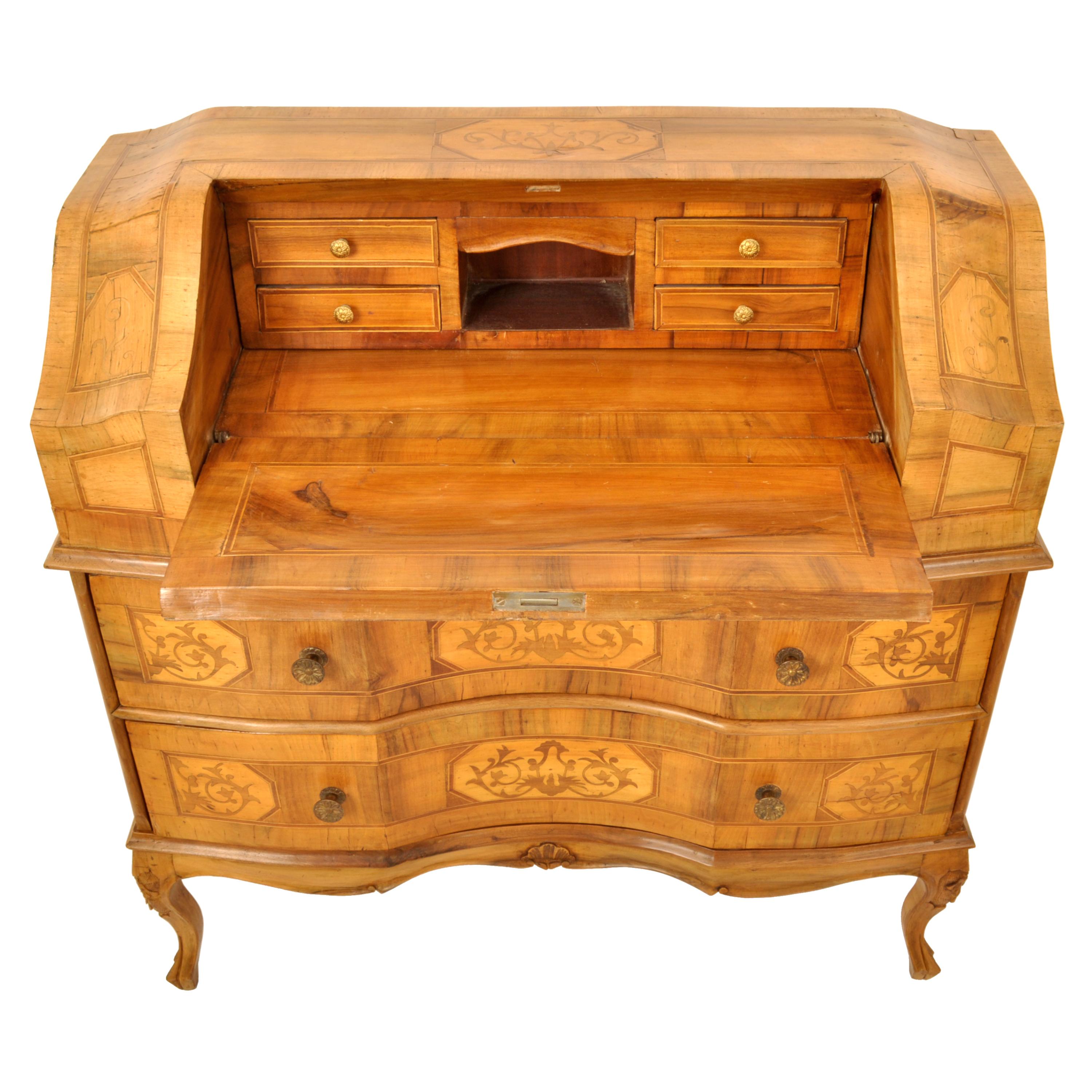 Antique South German Marquetry Fruitwood & Walnut Secretary Dresser Desk, 1850 In Good Condition In Portland, OR