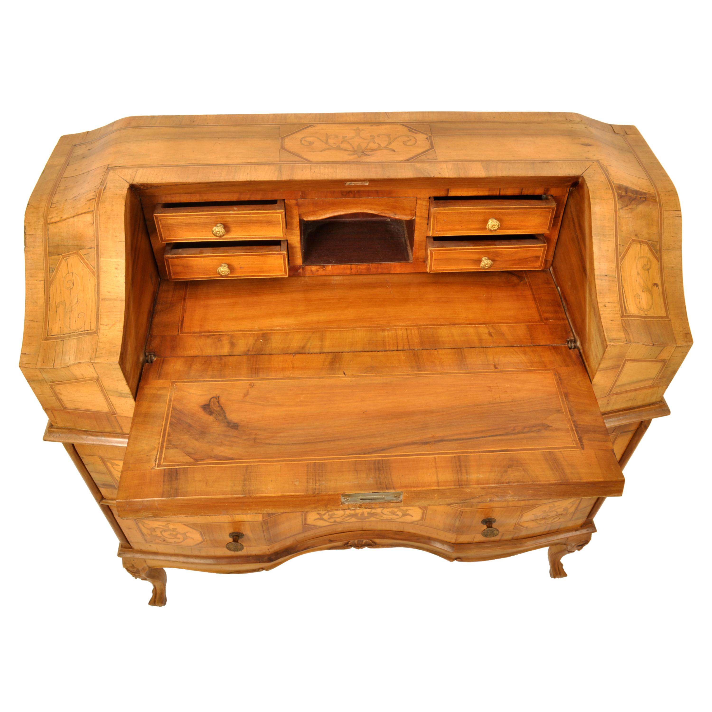Mid-19th Century Antique South German Marquetry Fruitwood & Walnut Secretary Dresser Desk, 1850