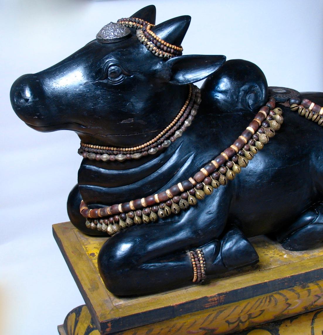 Folk Art Antique South Indian Carved Wood Bull Figure of Hindu Deity Nandi For Sale